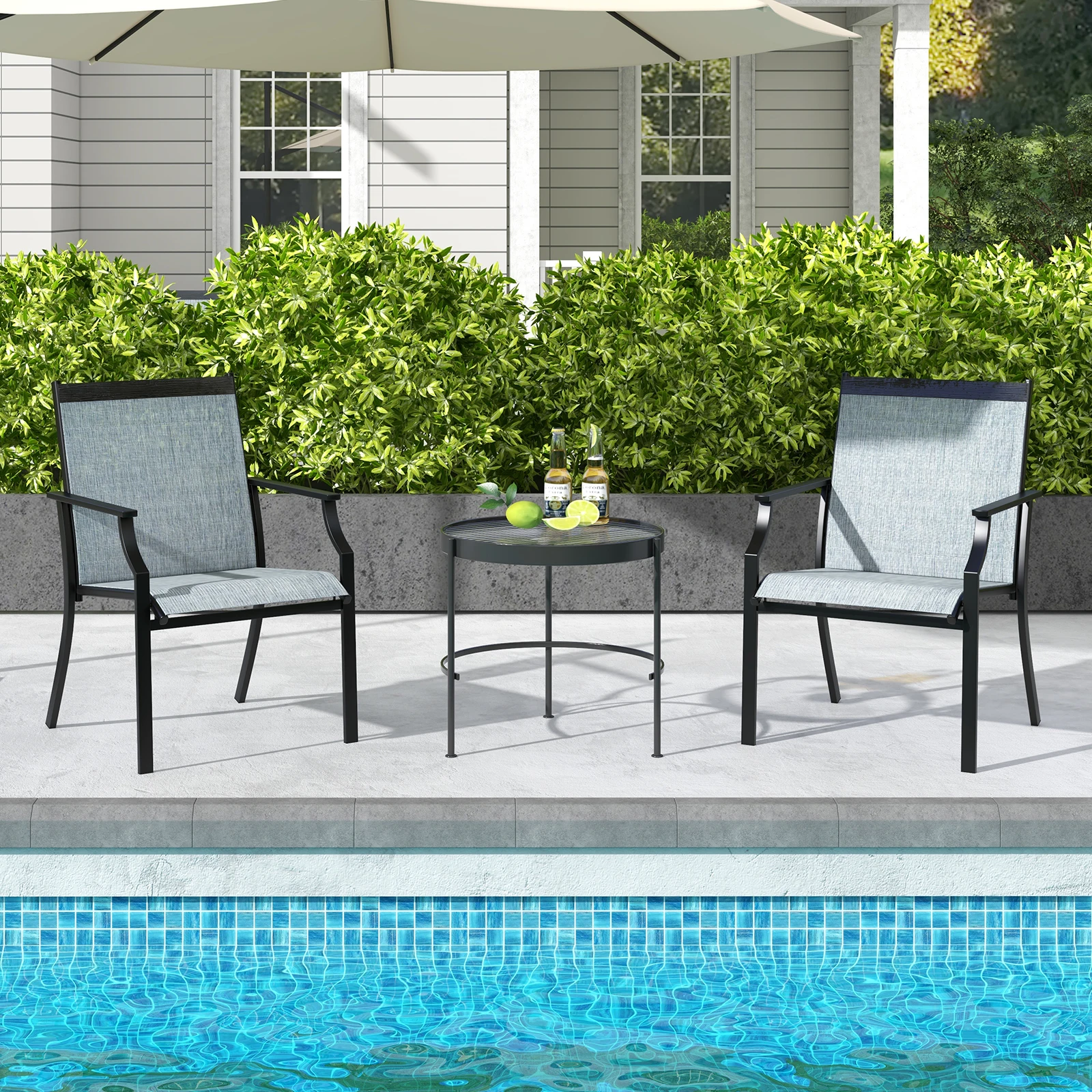 Set of 2 Garden Chairs, Patio Chairs with Wide Seat and Breathable Seat, Balcony Chairs, Outdoor Chairs up to 150 kg
