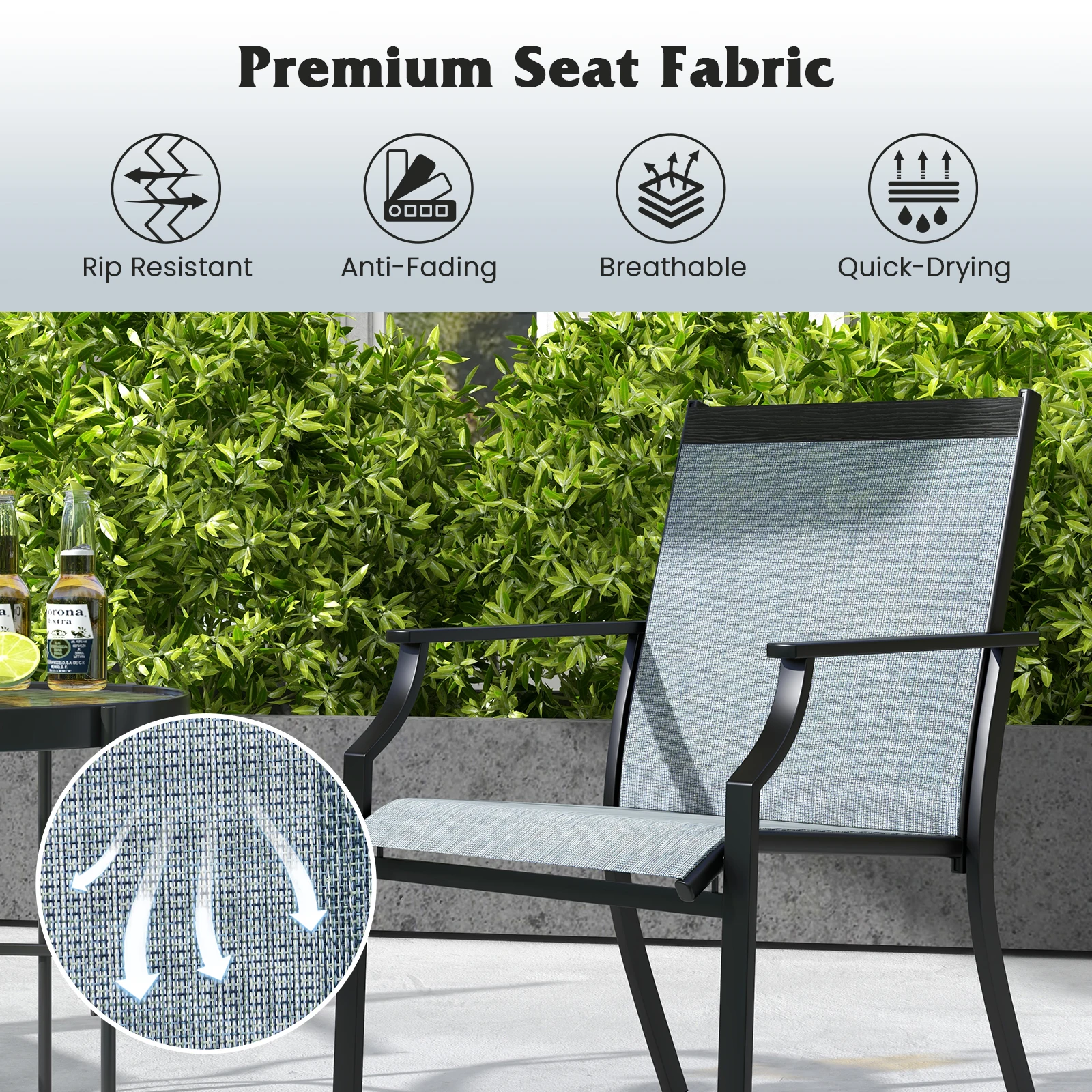 Set of 2 Garden Chairs, Patio Chairs with Wide Seat and Breathable Seat, Balcony Chairs, Outdoor Chairs up to 150 kg