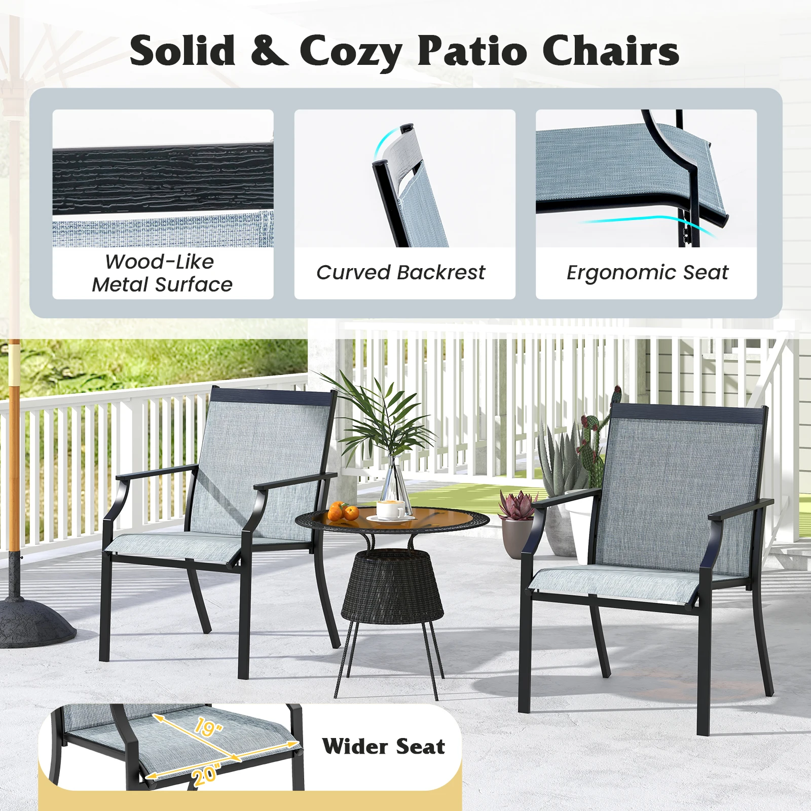 Set of 2 Garden Chairs, Patio Chairs with Wide Seat and Breathable Seat, Balcony Chairs, Outdoor Chairs up to 150 kg