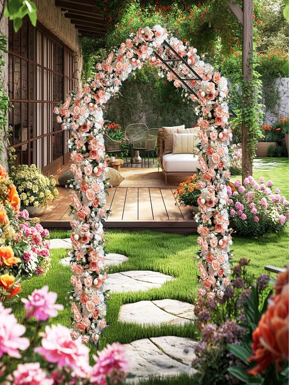 Metal Rose Arch, Garden Arch for Climbing Plants, Rose Grid with Roof-Shaped Tip & 4 Ground Stakes, 140 x 40 x 223 cm