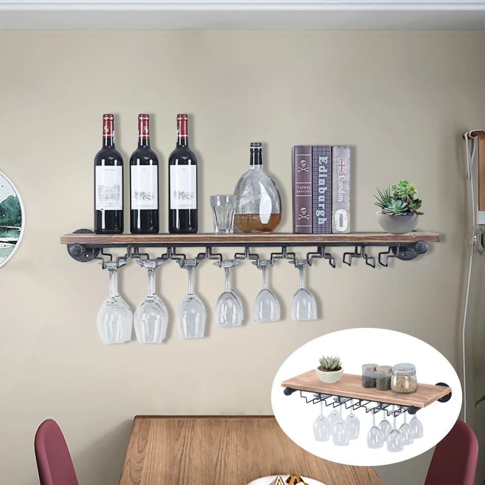 Wall-Mounted Wine Rack with Spacious Storage, Durable Pine Wood and Iron Construction, Stylish Black and Wood Design