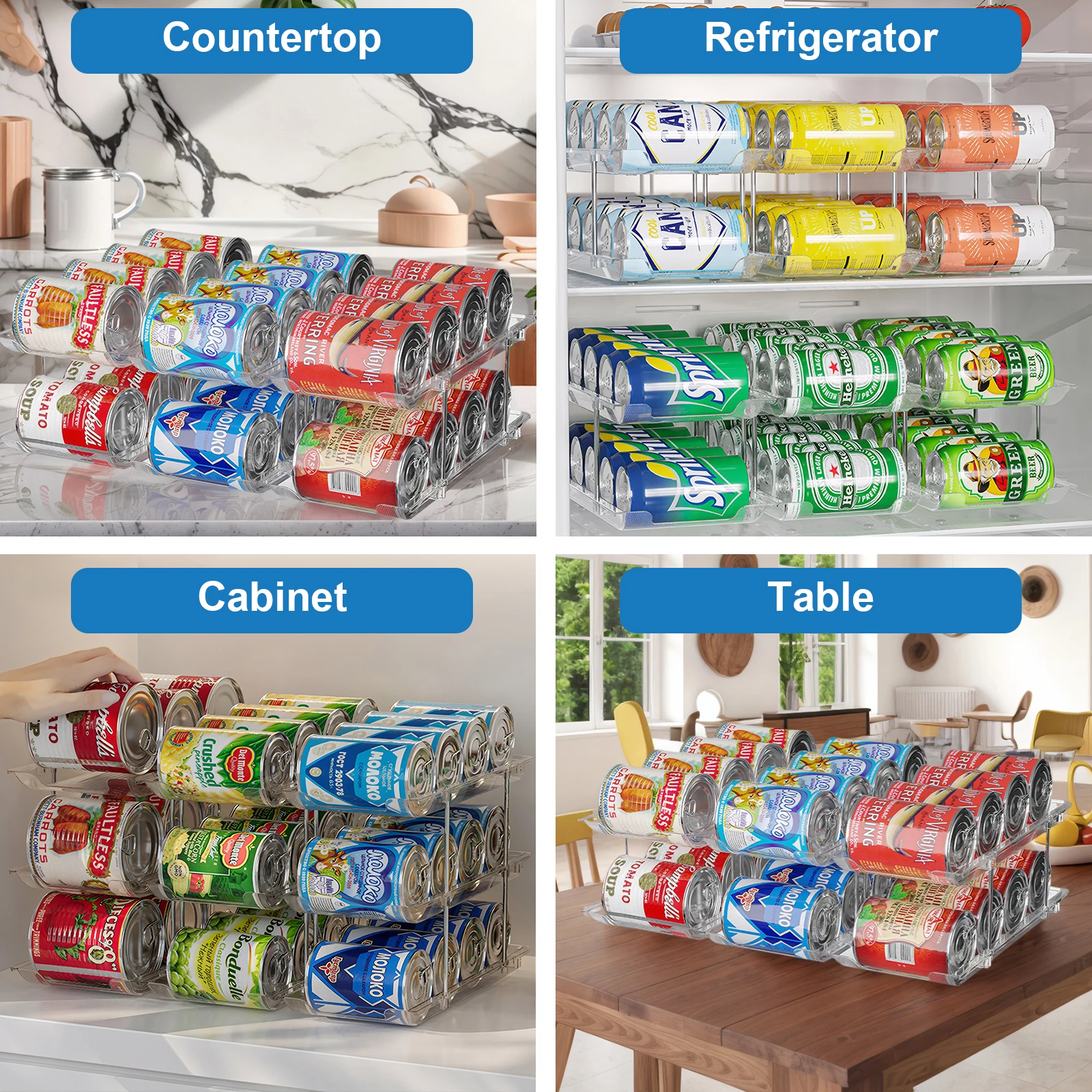 Free Combination Can Storage Rack, 3-Layer Stackable Refrigerator Canned Beer Drinks Storage Rack Automatic Rolling