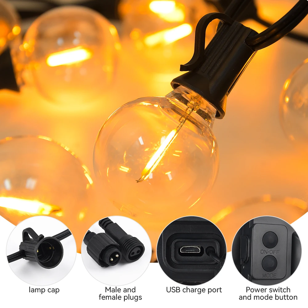 Outdoor Solar Garland String Light G40 LED Shatterproof Bulb 68FT Waterproof Patio Lamp with Remote Control for Wedding Backyard