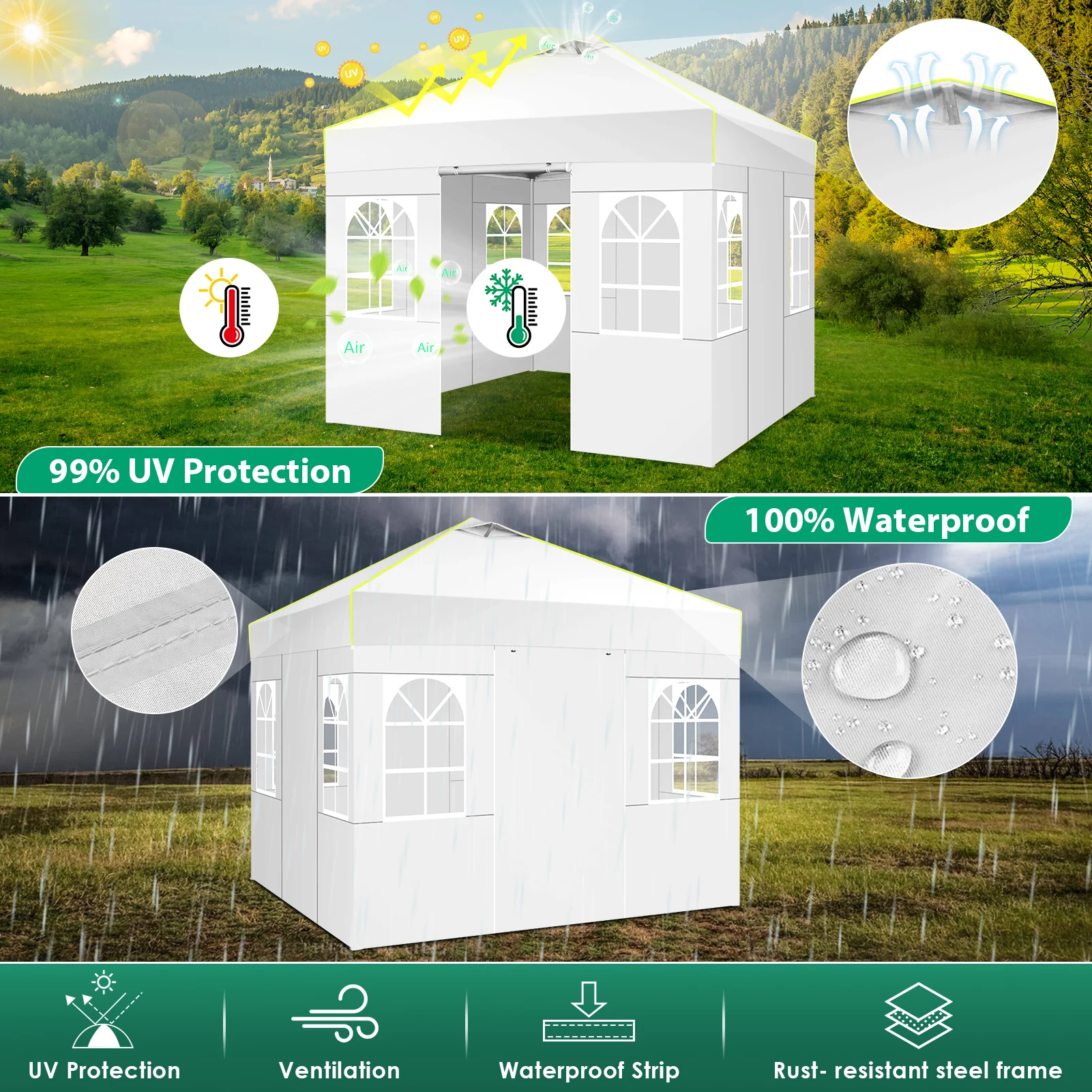 3x3m Pop Up Foldable Party Tent with 4 Sidewalls UV Protection Garden Gazebo with Mesh Ventilation Opening for Camping Steel Frame