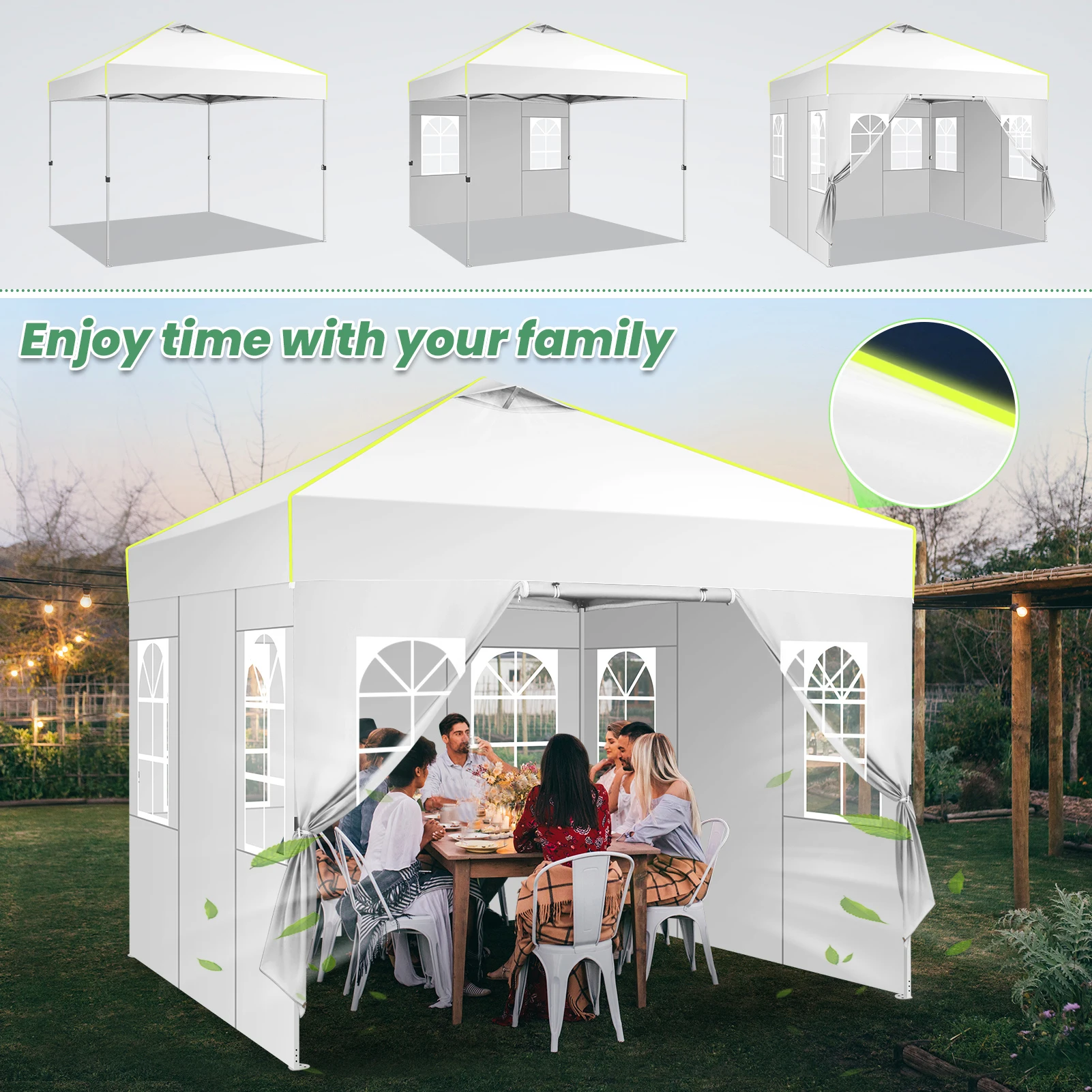 3x3m Pop Up Foldable Party Tent with 4 Sidewalls UV Protection Garden Gazebo with Mesh Ventilation Opening for Camping Steel Frame
