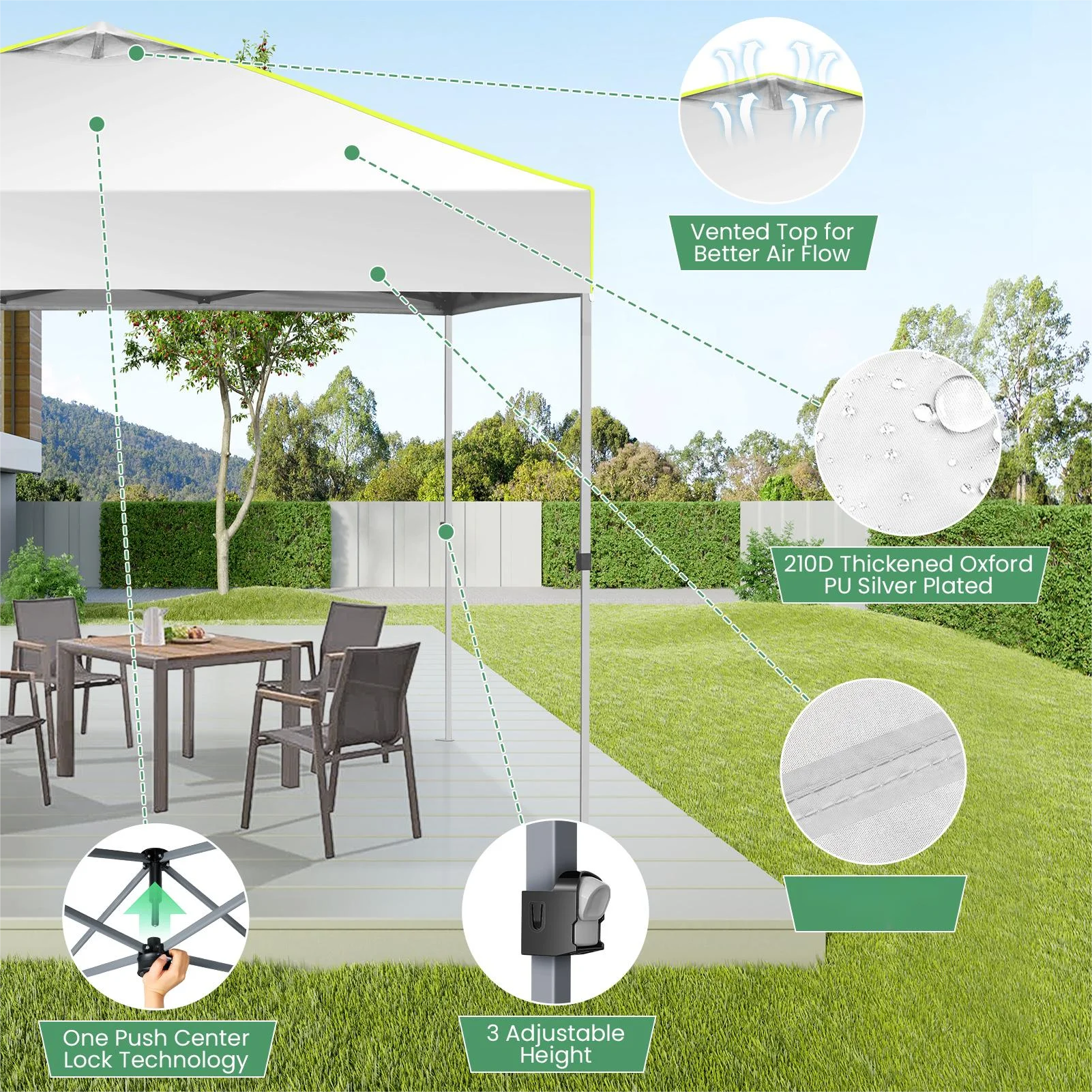 3x3m Pop Up Foldable Party Tent with 4 Sidewalls UV Protection Garden Gazebo with Mesh Ventilation Opening for Camping Steel Frame