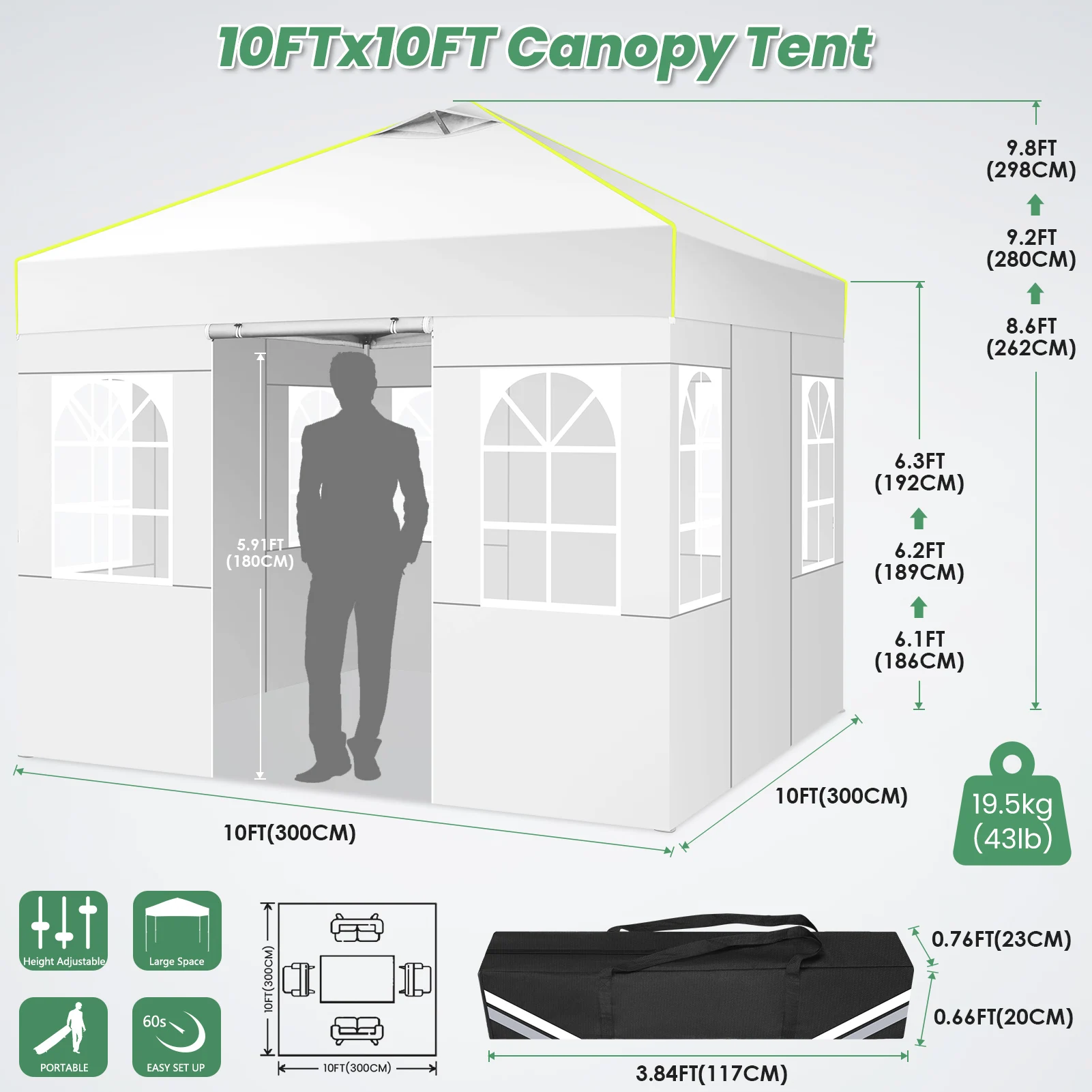 3x3m Pop Up Foldable Party Tent with 4 Sidewalls UV Protection Garden Gazebo with Mesh Ventilation Opening for Camping Steel Frame