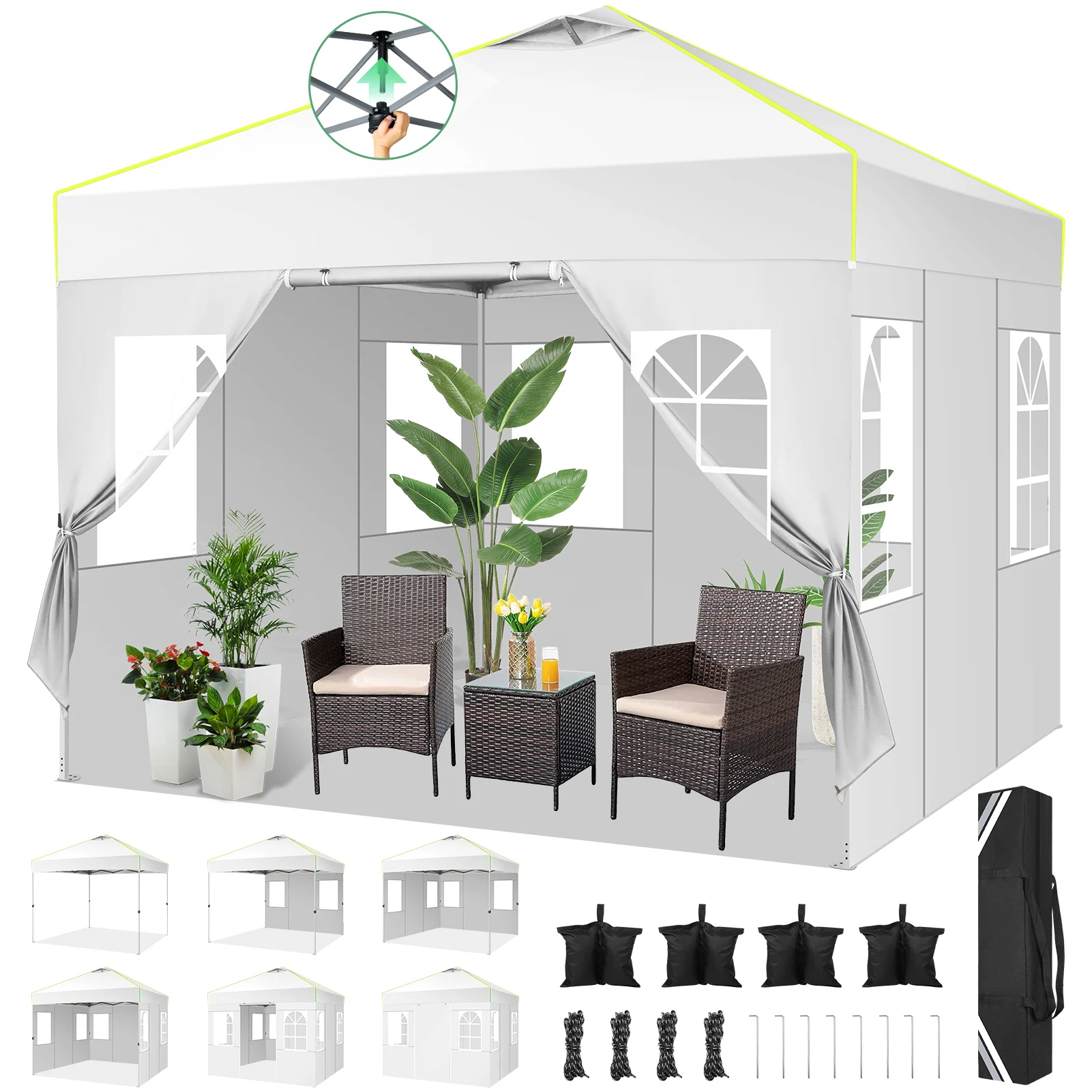 3x3m Pop Up Foldable Party Tent with 4 Sidewalls UV Protection Garden Gazebo with Mesh Ventilation Opening for Camping Steel Frame