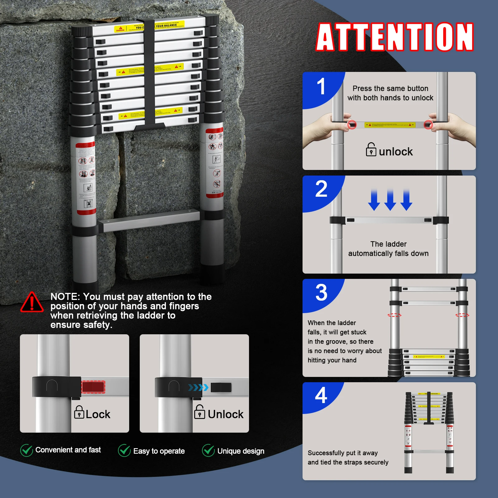 3.2M/10.5ft Telescopic Ladder , Aluminum ,Max Load 150KG with Non-Slip Rubber Feet, EN131 for Loft Indoor Outdoor Office House