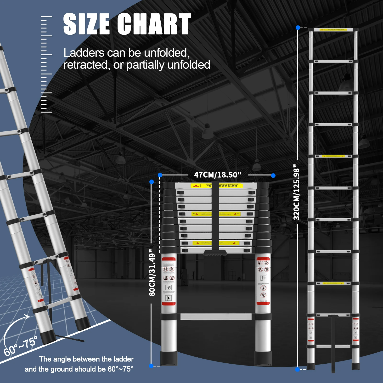 3.2M/10.5ft Telescopic Ladder , Aluminum ,Max Load 150KG with Non-Slip Rubber Feet, EN131 for Loft Indoor Outdoor Office House