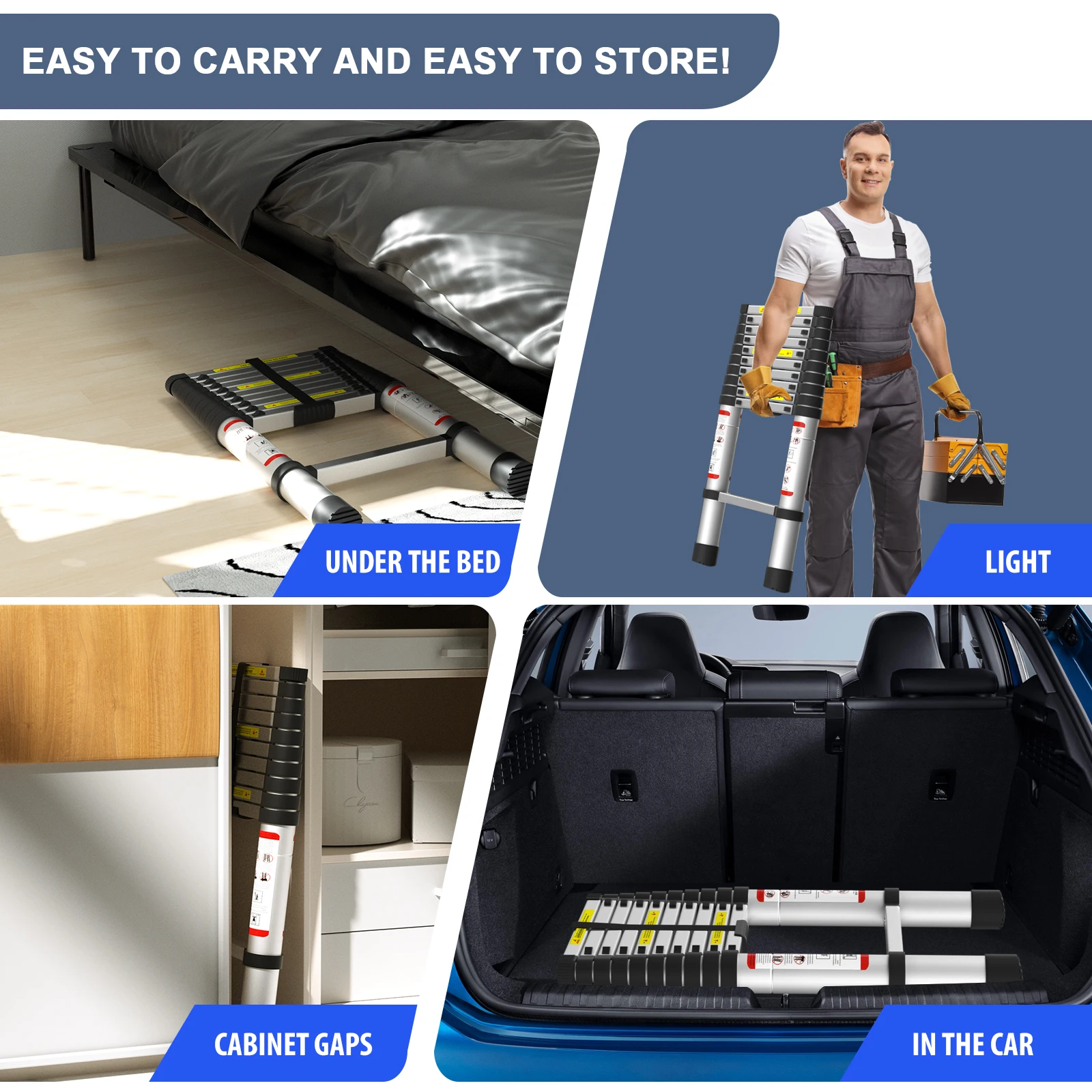 3.2M/10.5ft Telescopic Ladder , Aluminum ,Max Load 150KG with Non-Slip Rubber Feet, EN131 for Loft Indoor Outdoor Office House
