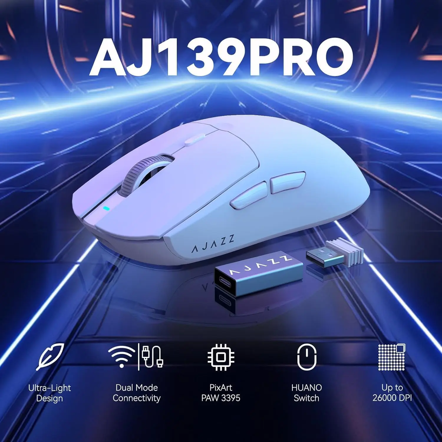 A.JAZZ AJ139 G Pro 4K Wireless Gaming Mouse Ultra-Lightweight 59g with Dual Mode-Wired/2.4Ghz Receiver up to 26K DPI,Ergonomic