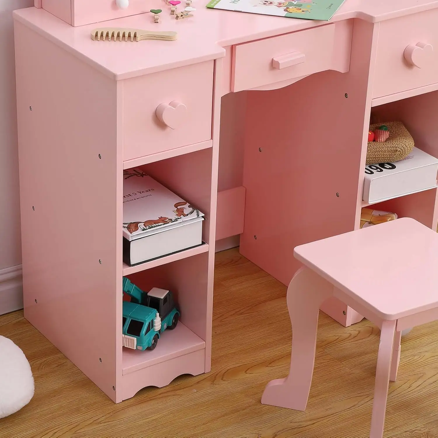 Children's Dressing Table Girls Vanity with Tri-Folding Mirror Open Storage Shelves Makeup Playset with Chair for Toddlers Kids