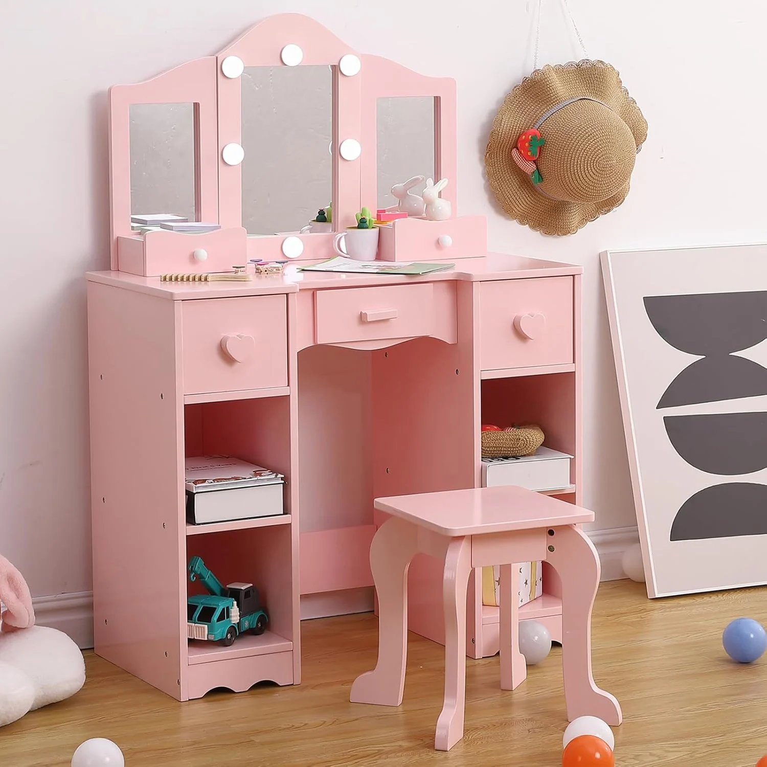 Children's Dressing Table Girls Vanity with Tri-Folding Mirror Open Storage Shelves Makeup Playset with Chair for Toddlers Kids