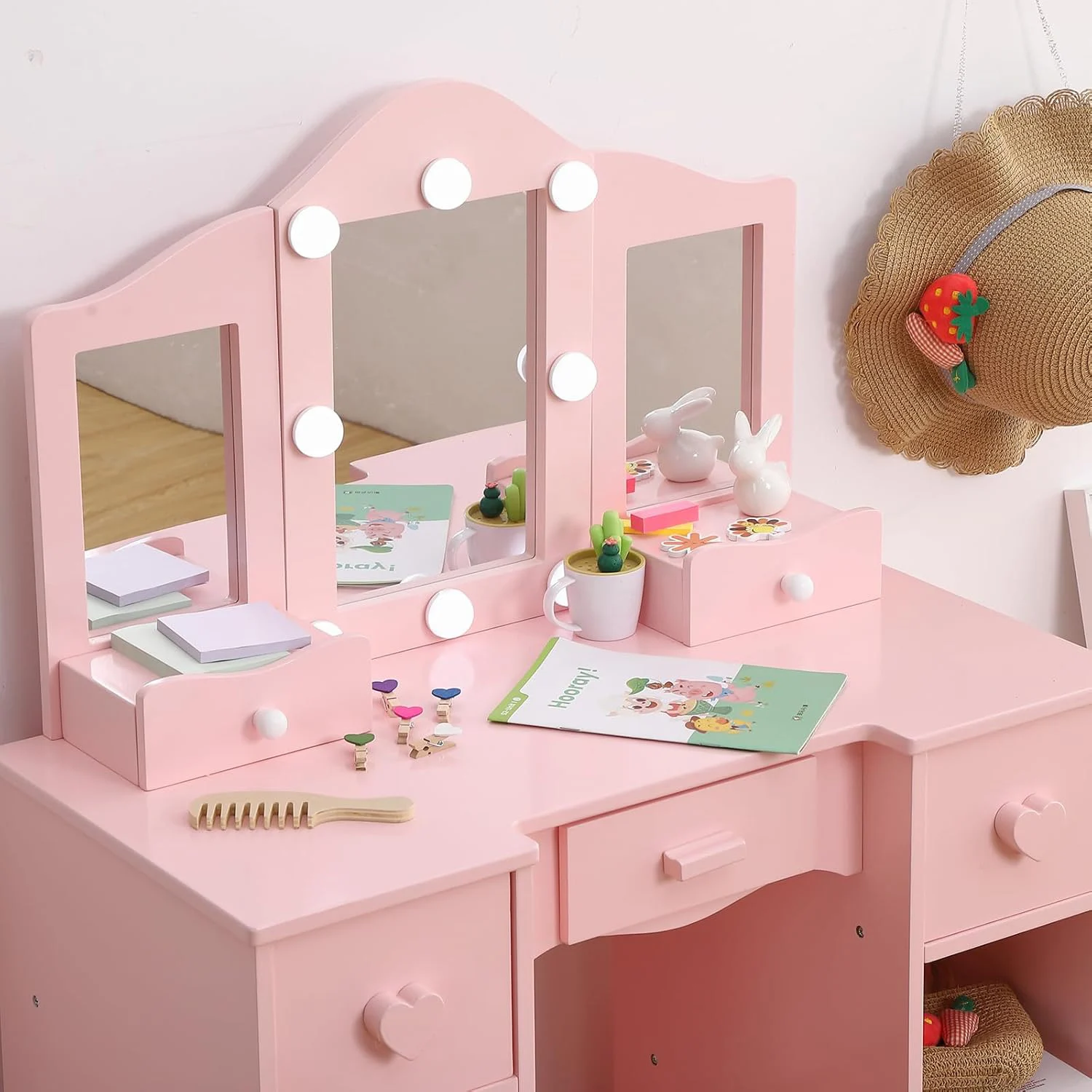 Children's Dressing Table Girls Vanity with Tri-Folding Mirror Open Storage Shelves Makeup Playset with Chair for Toddlers Kids
