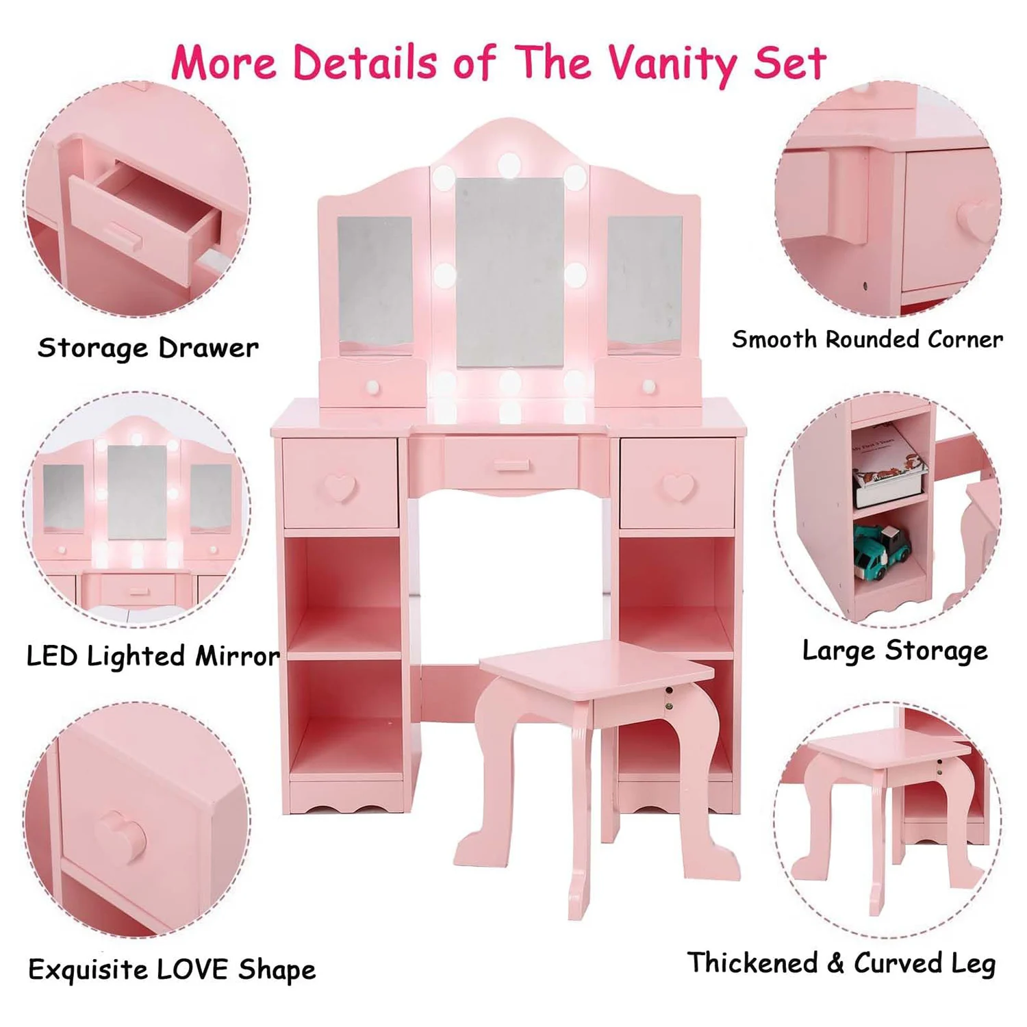 Children's Dressing Table Girls Vanity with Tri-Folding Mirror Open Storage Shelves Makeup Playset with Chair for Toddlers Kids