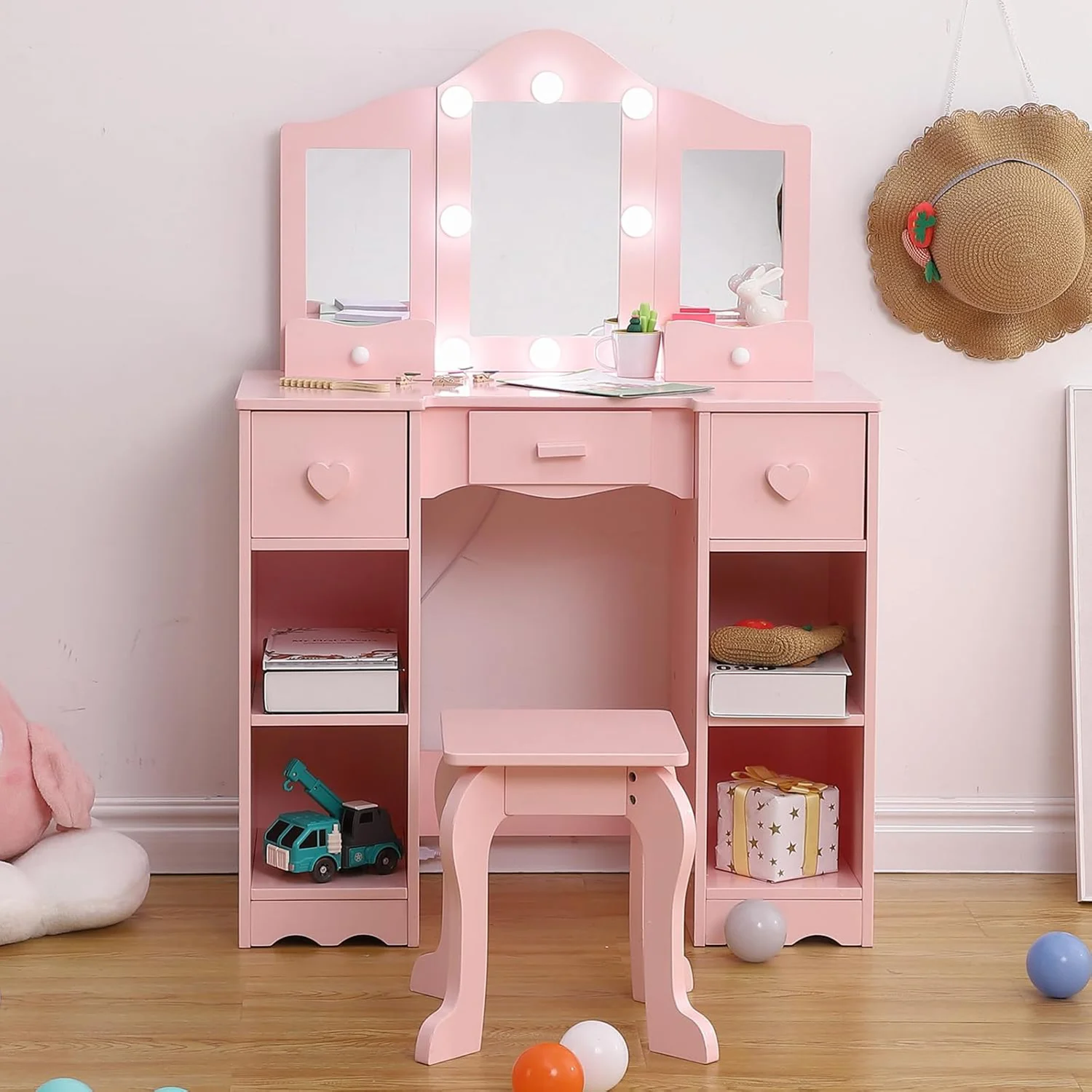 Children's Dressing Table Girls Vanity with Tri-Folding Mirror Open Storage Shelves Makeup Playset with Chair for Toddlers Kids