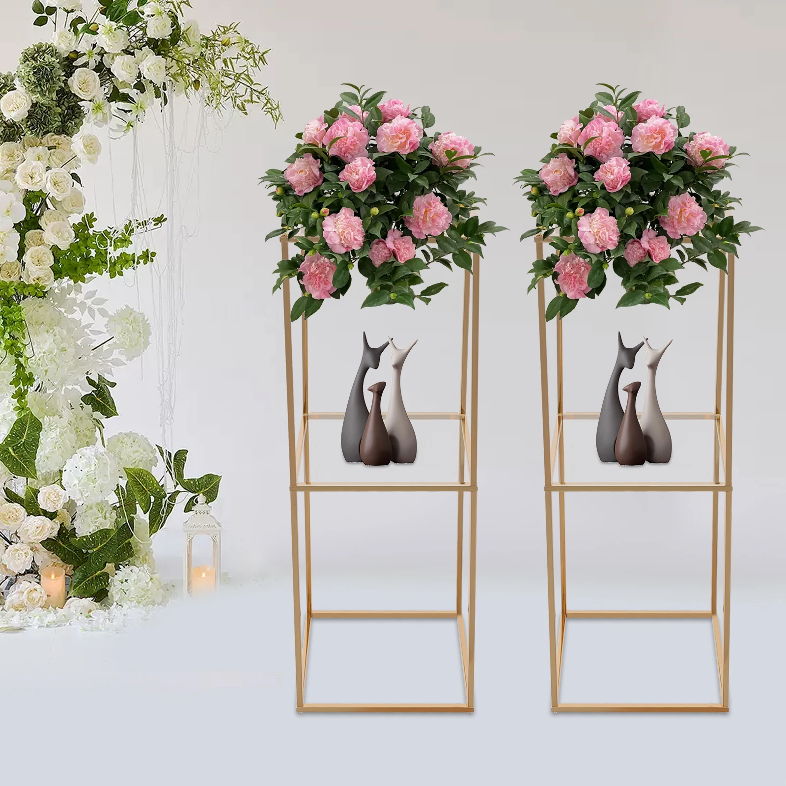 2Pcs Wedding Flower Stand 80cm Tall Rectangle Metal Column Rack with Storage Board for Centerpiece Birthday Party Decorations