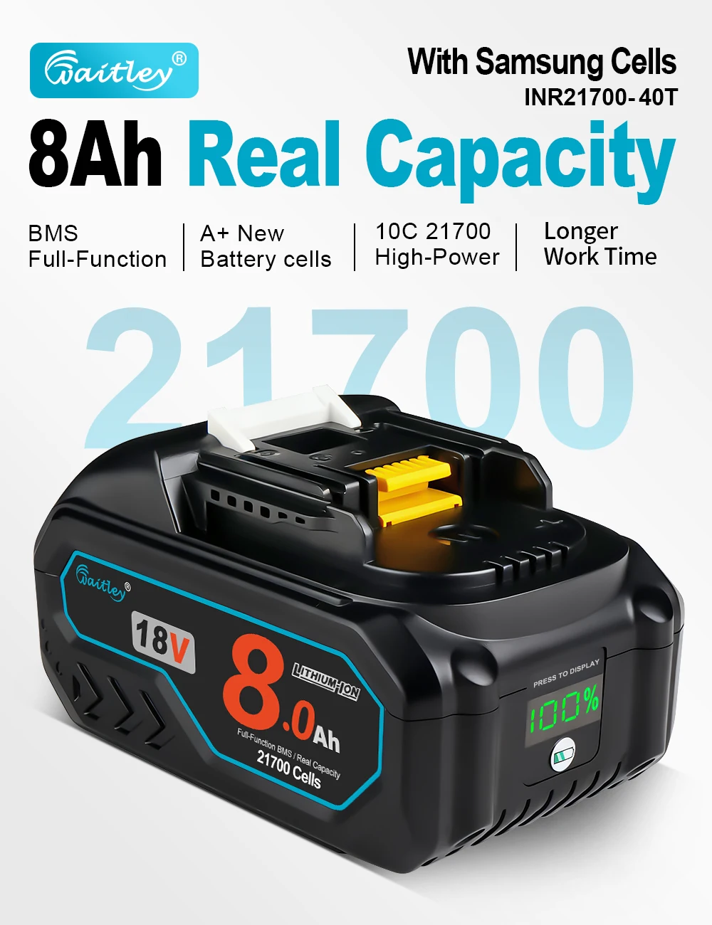 Waitley 21700 Powerful Battery For Makita 18V Power Tools 8Ah Real capacity Rechargeable batteries Replacement Accessories
