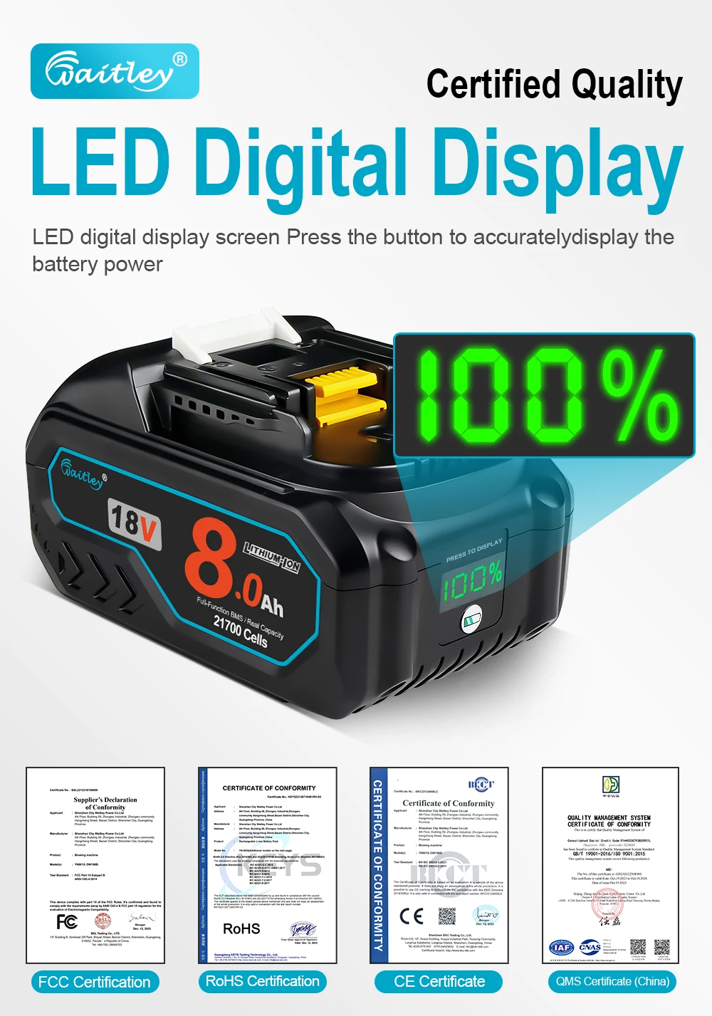 Waitley 21700 Powerful Battery For Makita 18V Power Tools 8Ah Real capacity Rechargeable batteries Replacement Accessories