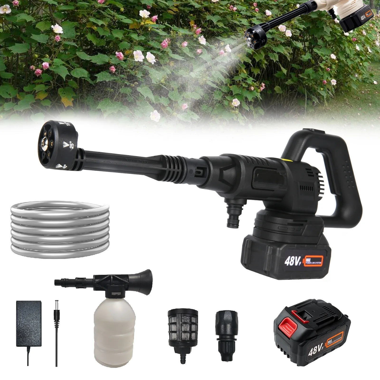 21V Electric High Pressure Washer 10Bar Cordless Garden Car Cleaning Gun with 6in1 Nozzle 5m Hose Foam Spray Cleaner Power Tool