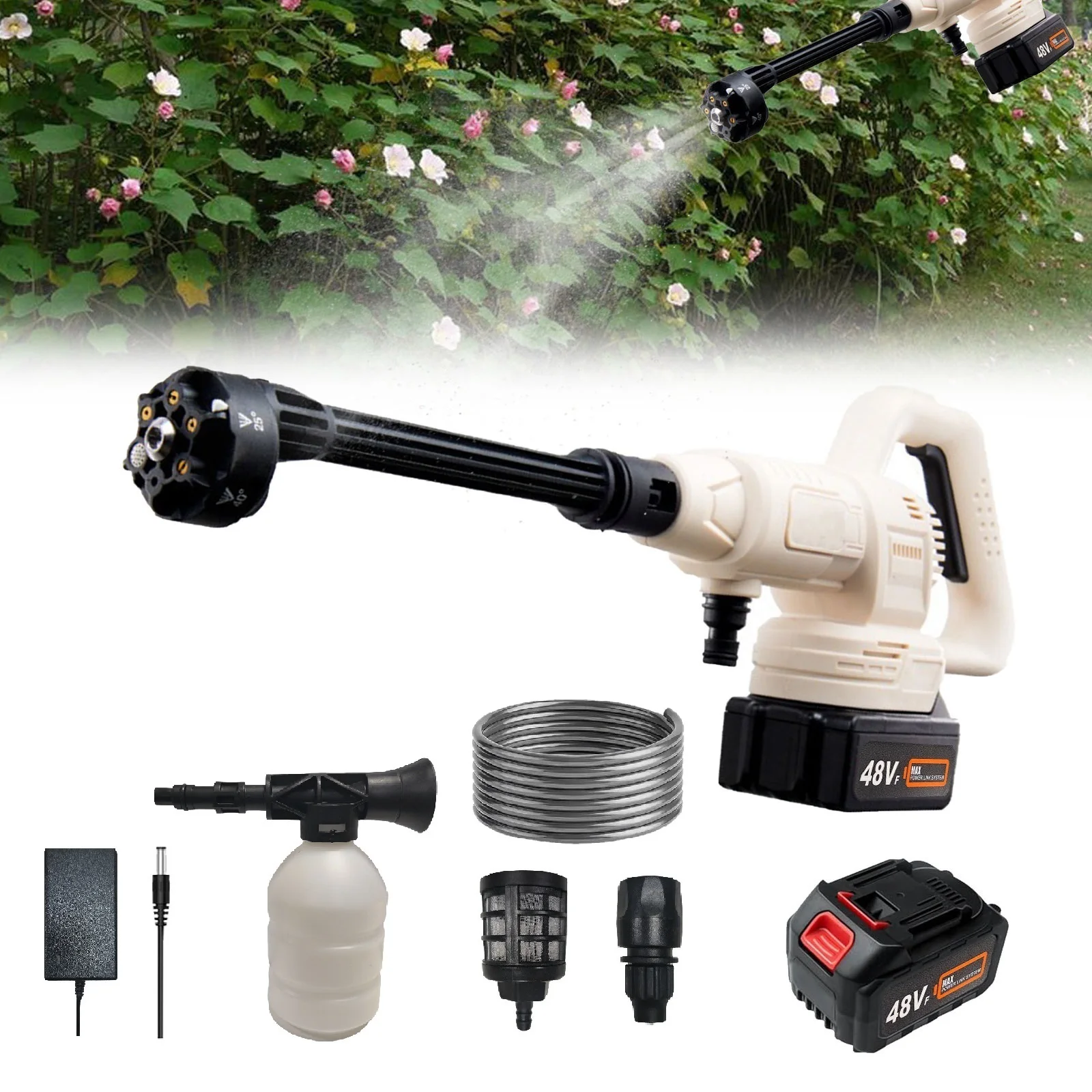 21V Electric High Pressure Washer 10Bar Cordless Garden Car Cleaning Gun with 6in1 Nozzle 5m Hose Foam Spray Cleaner Power Tool