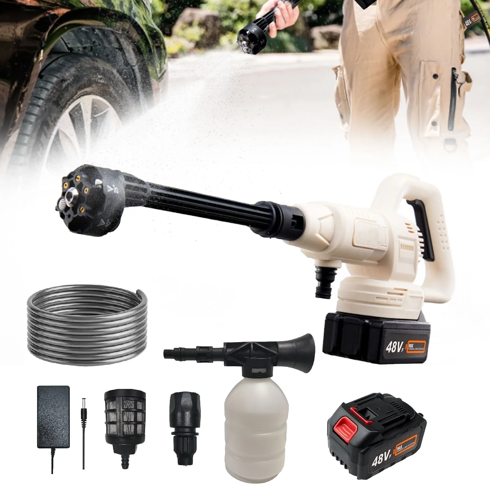 21V Electric High Pressure Washer 10Bar Cordless Garden Car Cleaning Gun with 6in1 Nozzle 5m Hose Foam Spray Cleaner Power Tool