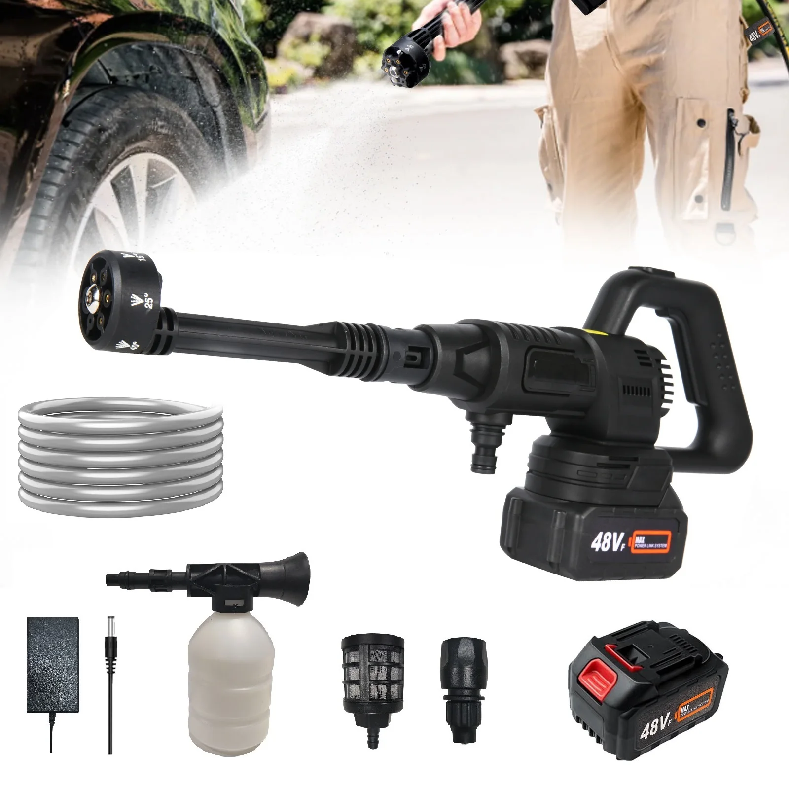 21V Electric High Pressure Washer 10Bar Cordless Garden Car Cleaning Gun with 6in1 Nozzle 5m Hose Foam Spray Cleaner Power Tool