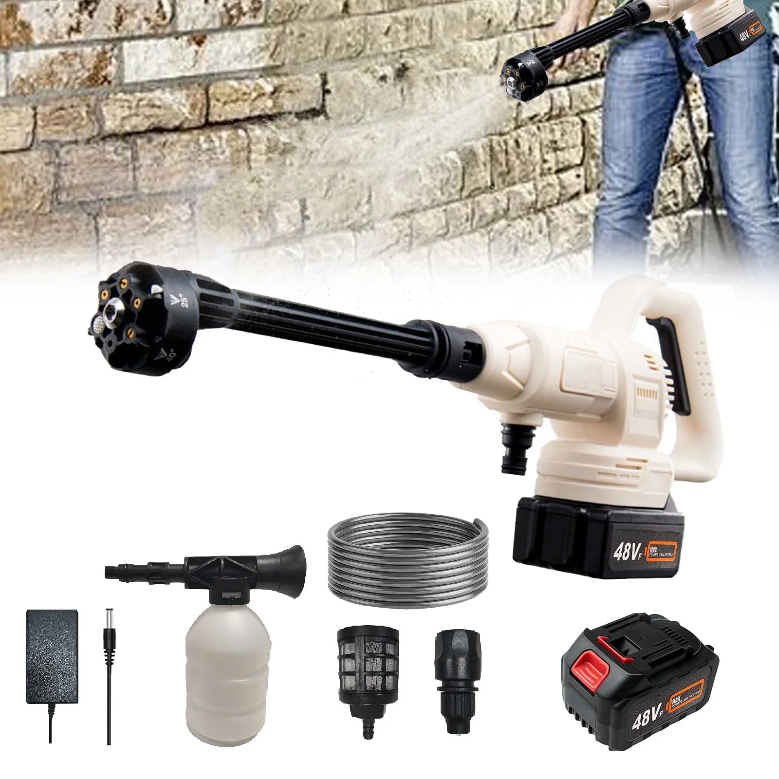 21V Electric High Pressure Washer 10Bar Cordless Garden Car Cleaning Gun with 6in1 Nozzle 5m Hose Foam Spray Cleaner Power Tool