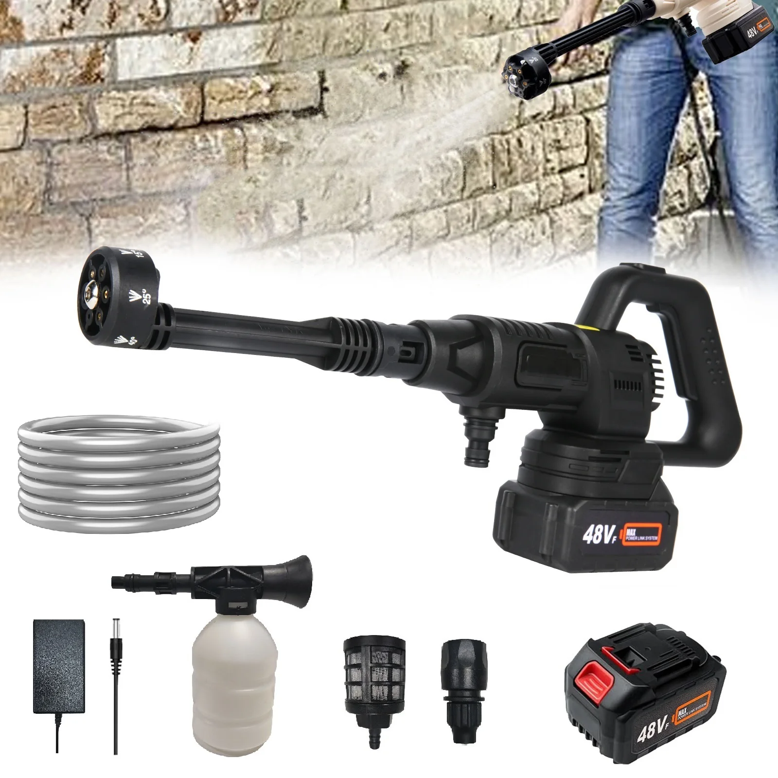 21V Electric High Pressure Washer 10Bar Cordless Garden Car Cleaning Gun with 6in1 Nozzle 5m Hose Foam Spray Cleaner Power Tool