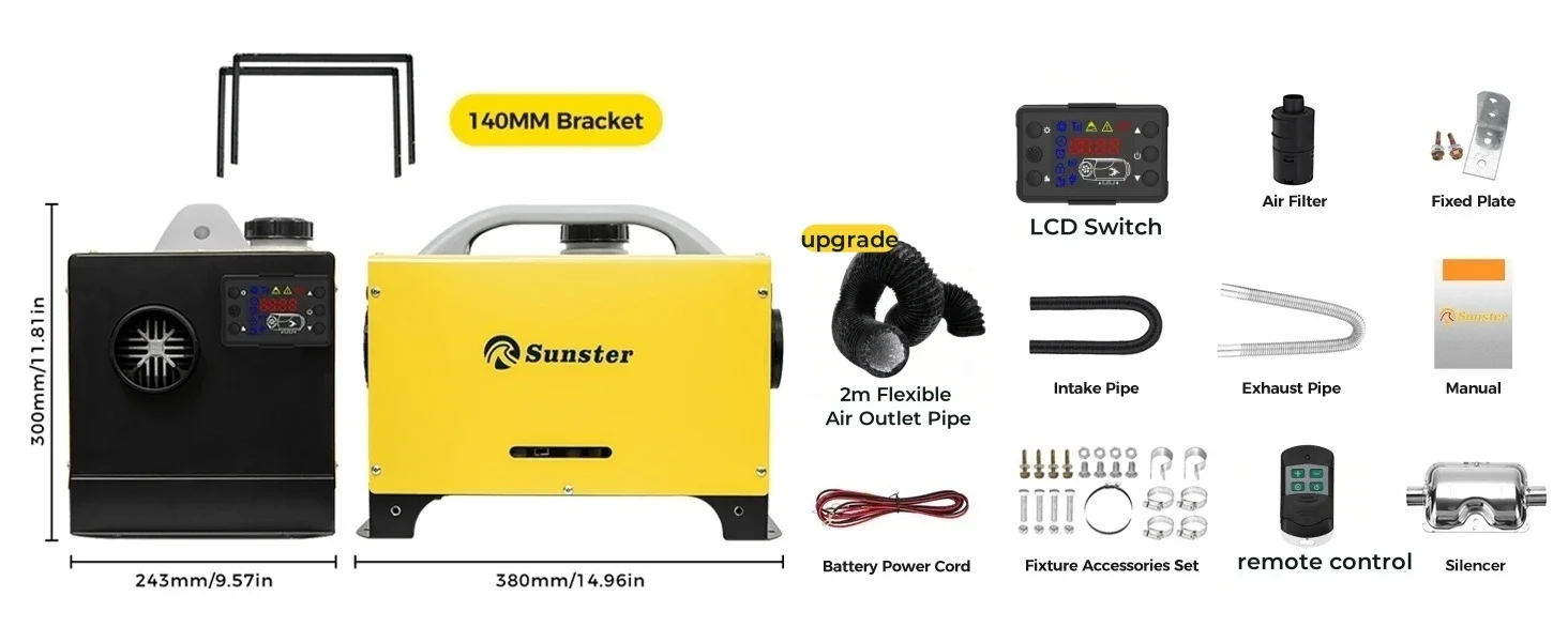 SUNSTER 8KW Diesel Air Heater 12V/24V Low Noise Night Heater With LCD Panel/Remote Control For Garage Camping Motorhome Trailer