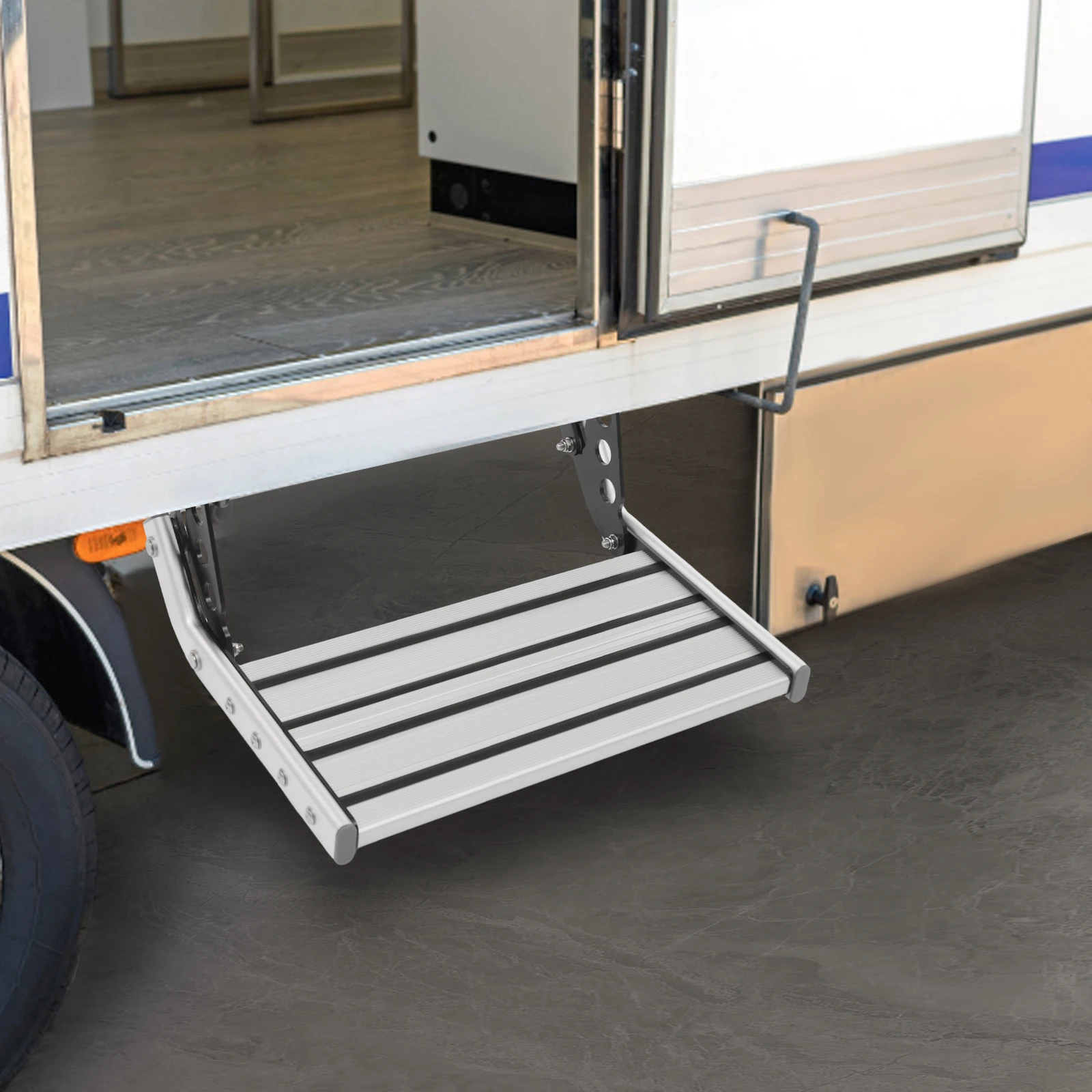 Folding RV Step Silver Aluminum Alloy 44cm RV Camper Step with 12V LED Light Manual RV Step 150kg Load Bearing Capacity