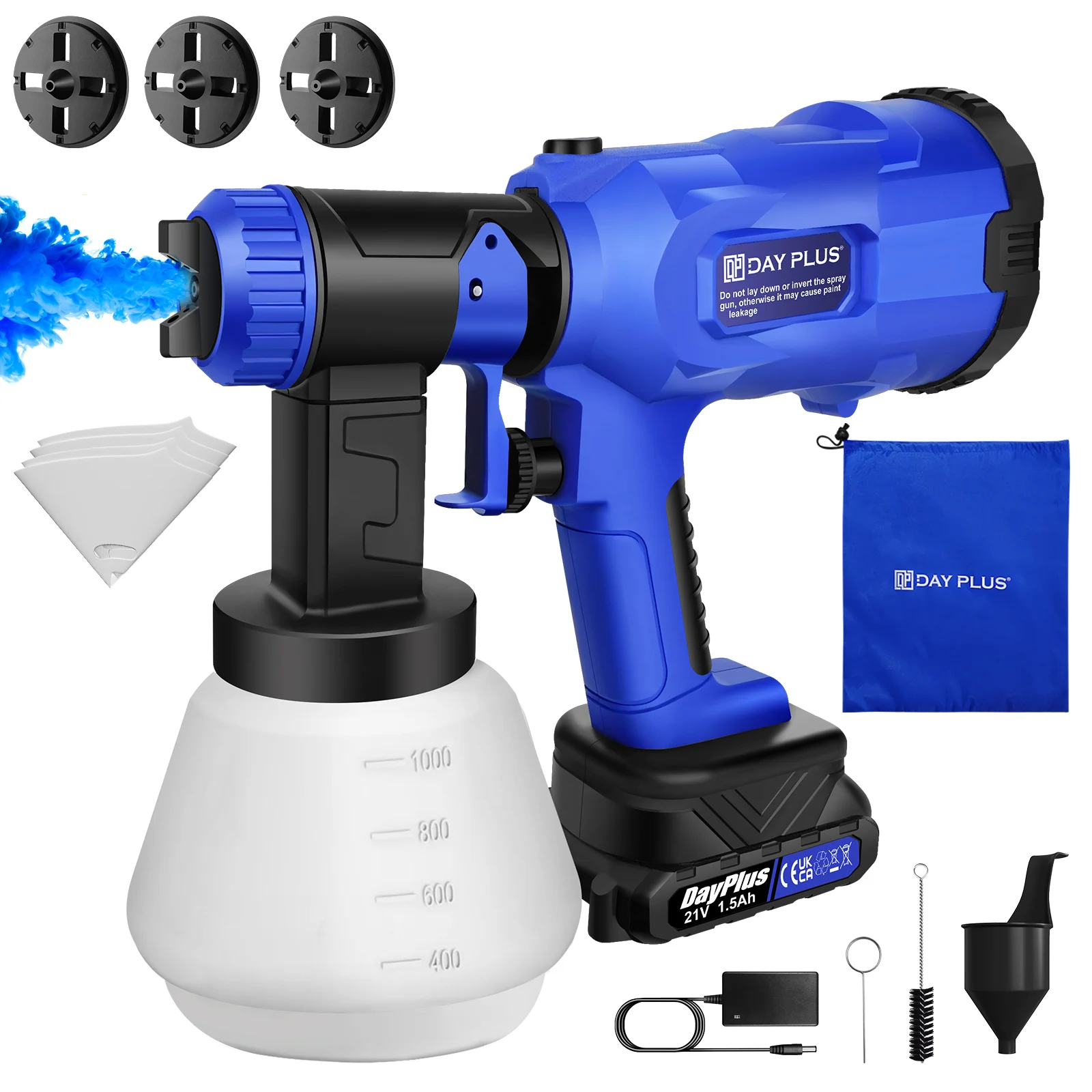 Cordless Paint Sprayer 1500mAh Li-ion Battery with 1000ML Detachable Tank, 3 Spray Patterns Spray Gun, 4 Various Copper Nozzle