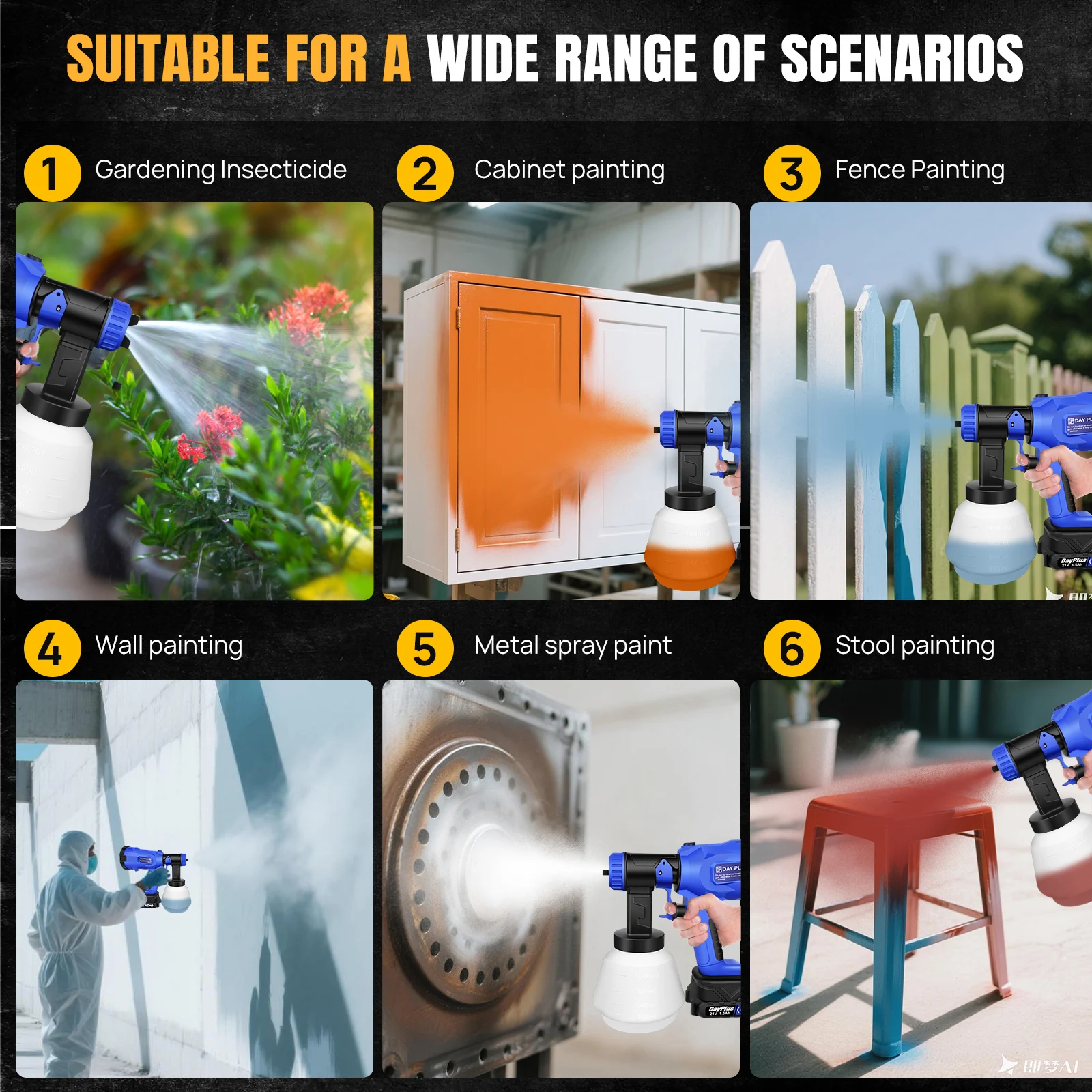 Cordless Paint Sprayer 1500mAh Li-ion Battery with 1000ML Detachable Tank, 3 Spray Patterns Spray Gun, 4 Various Copper Nozzle