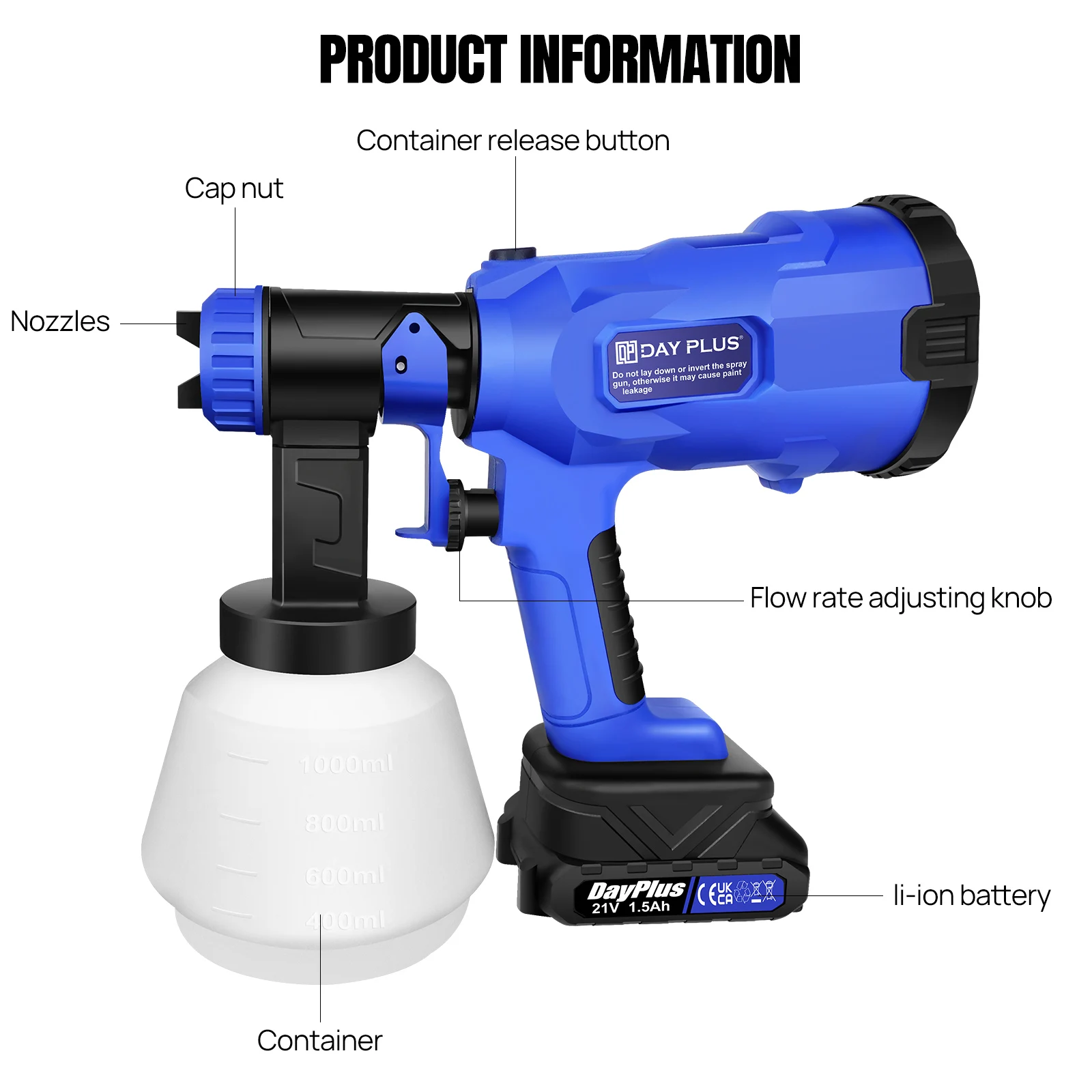Cordless Paint Sprayer 1500mAh Li-ion Battery with 1000ML Detachable Tank, 3 Spray Patterns Spray Gun, 4 Various Copper Nozzle