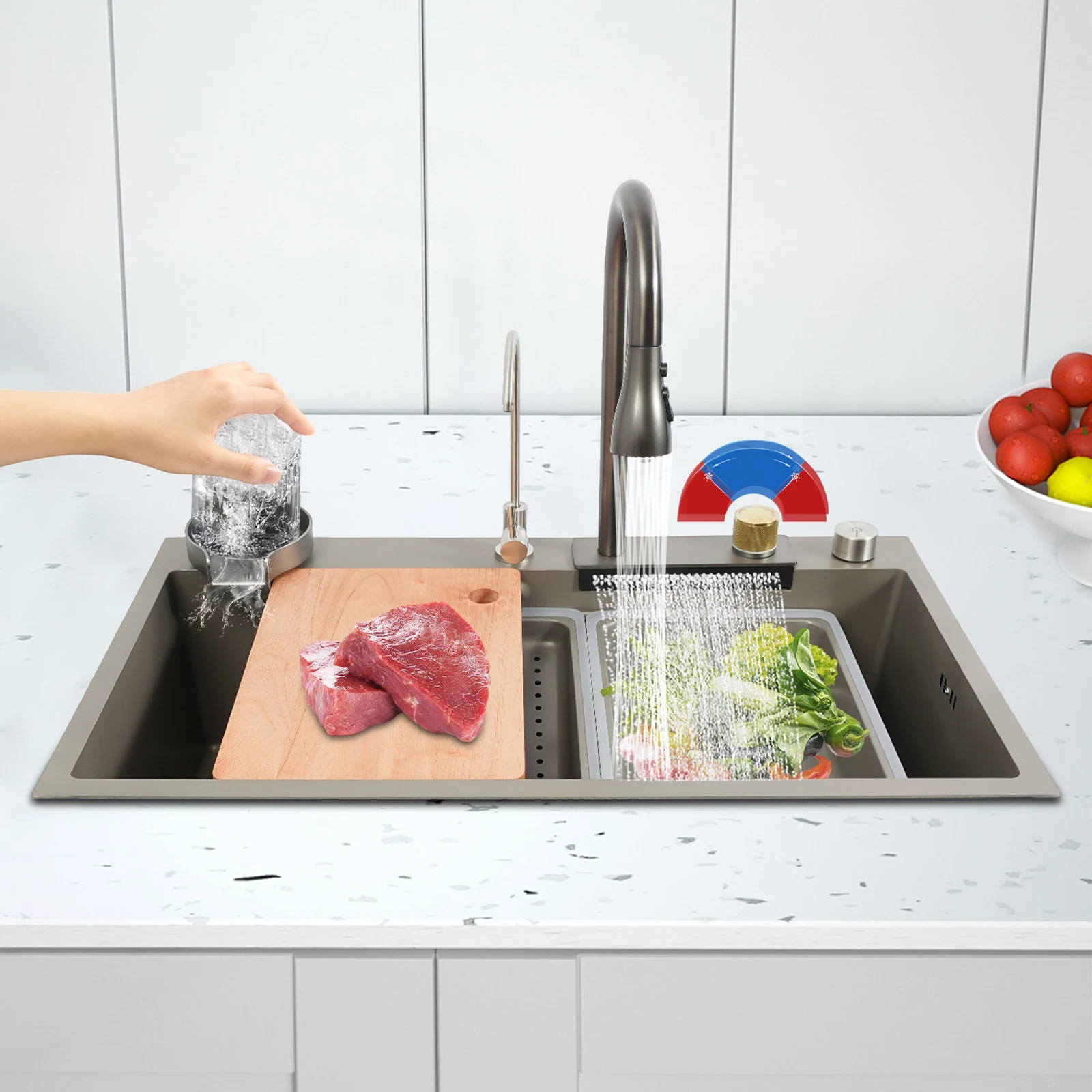 80*45cm Multifunctional Waterfall Sink Stainless Steel Practical Built-in Sink With Cleaning Sink Draining Basket