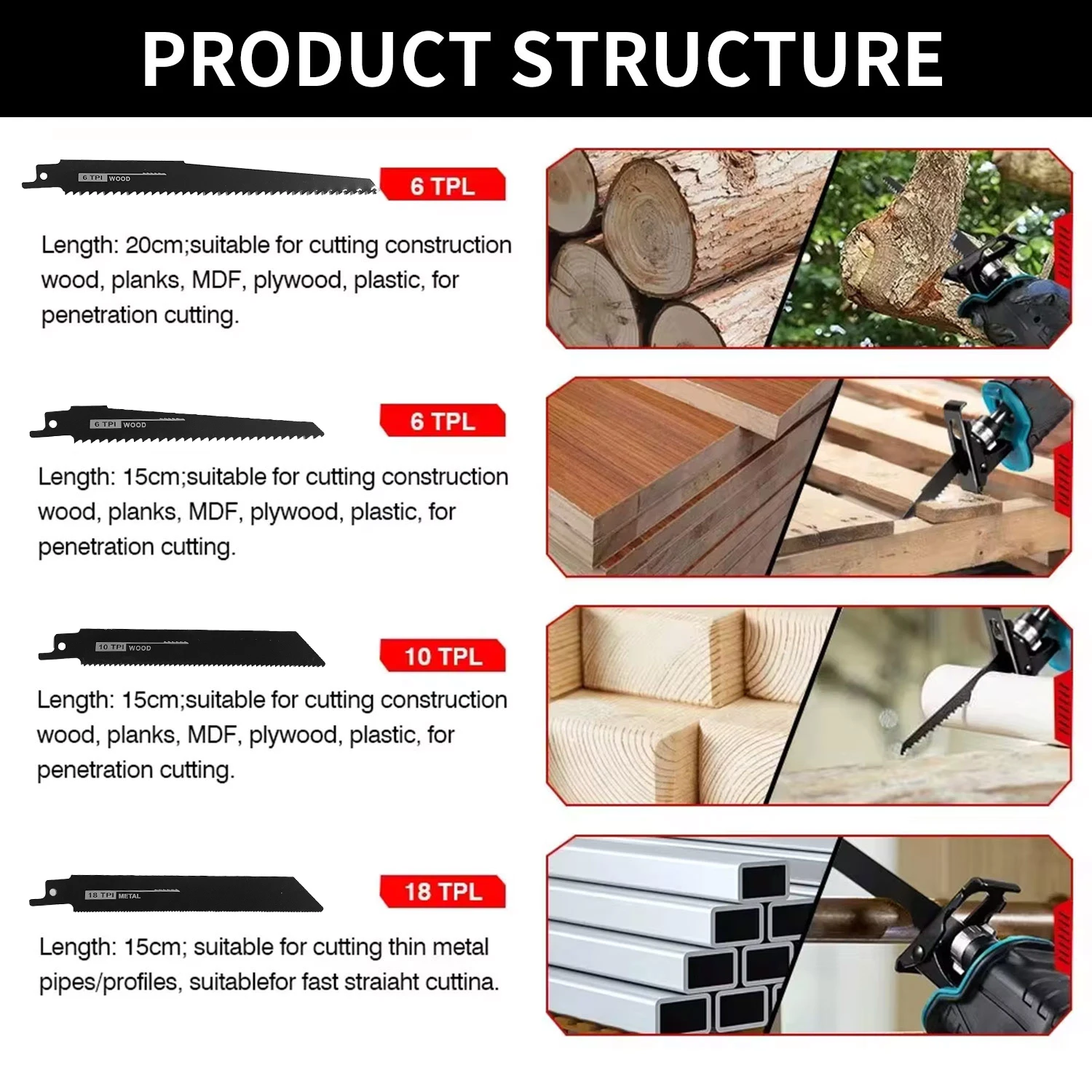 10000SPM Electric Reciprocating Saw Cordless Rechargeable Multifunction Saw Metal Wood Cutting Tools with 4 Saw Blades