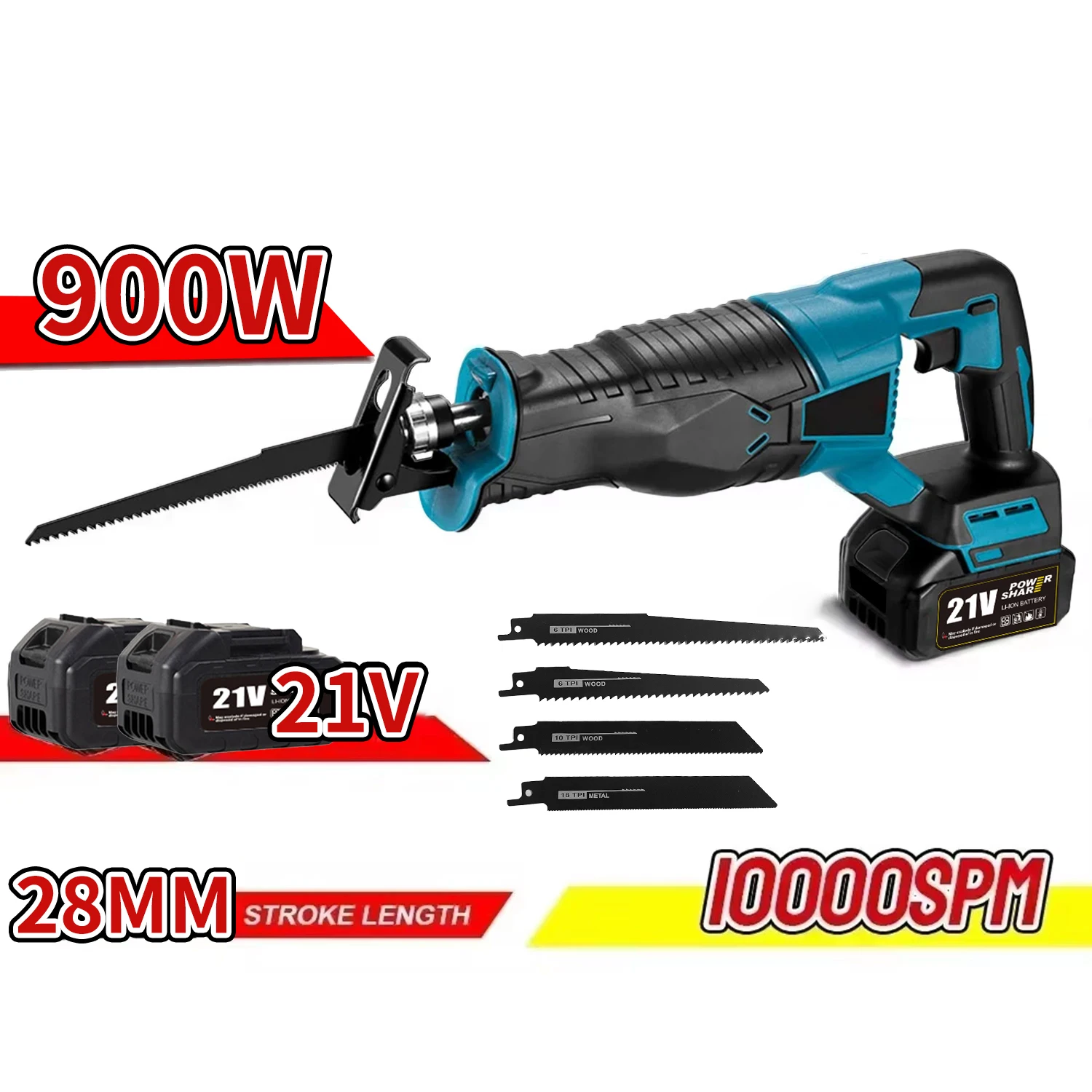 10000SPM Electric Reciprocating Saw Cordless Rechargeable Multifunction Saw Metal Wood Cutting Tools with 4 Saw Blades