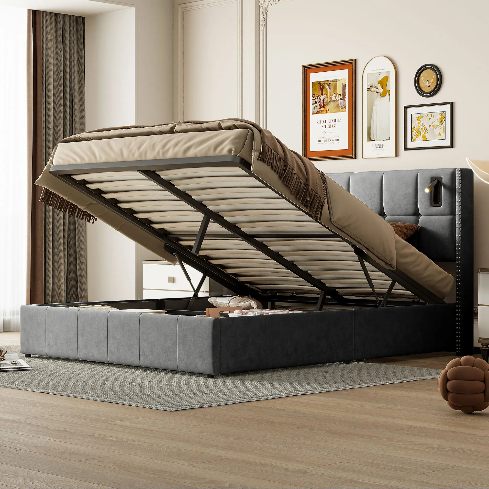Creahappy Double Bed - 160 x 200 cm Upholstered Bed with Reading Lights, Hydraulic Bed, Storage Function, Slatted Bed Base