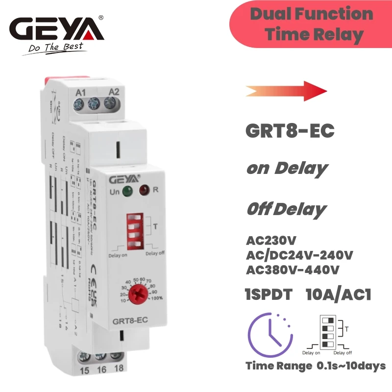 GEYA GRT8-EC 10A Dual Function Timer Relay On Delay Or Off Delay Relay AC220V/DC24V Or ACDC24V-240V Time Relay CE CB ROHS