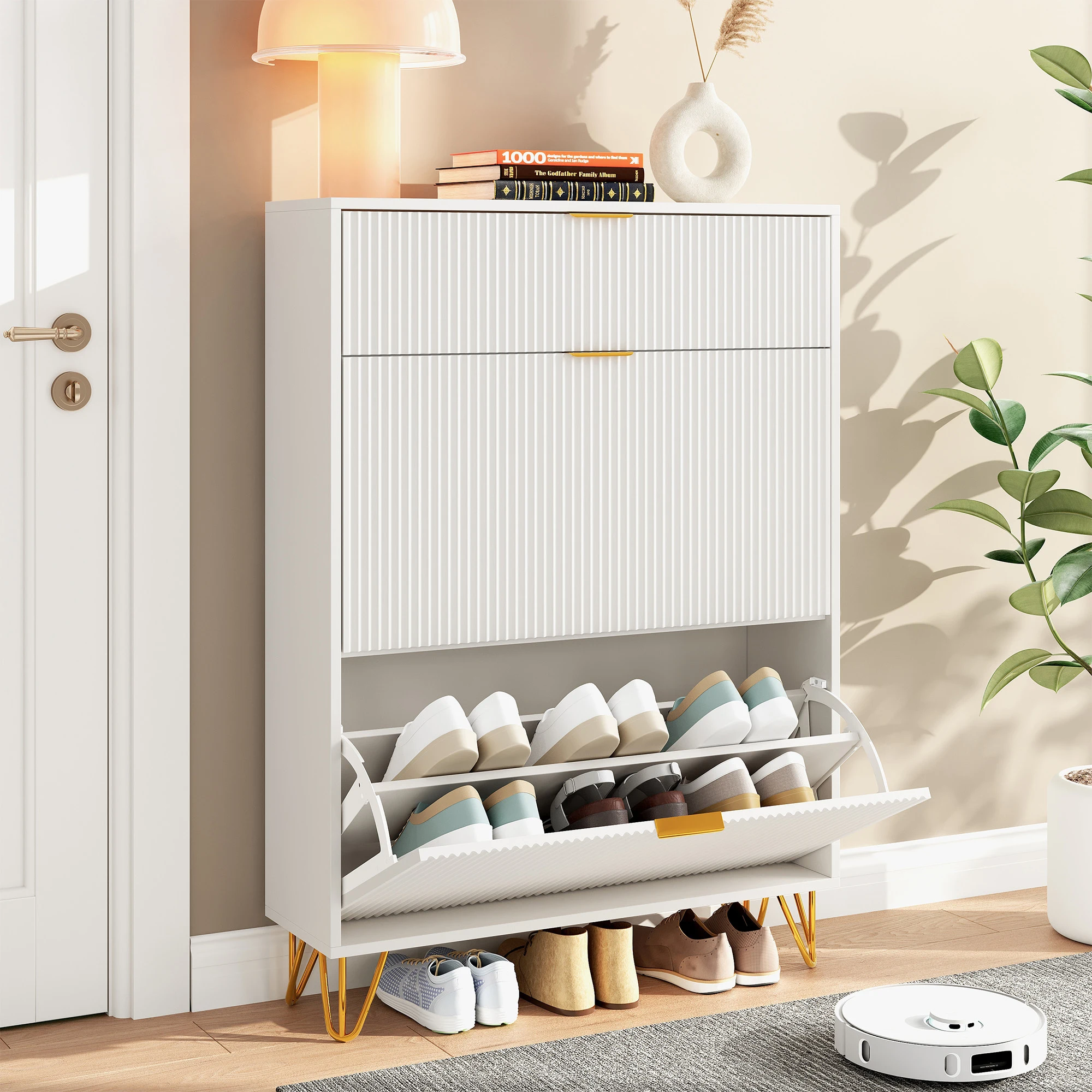 Rosahqnda Dust-proof shoe rack metal feet flip-top cabinetfor escape, hallway, living room, 80/110x24x120 cm