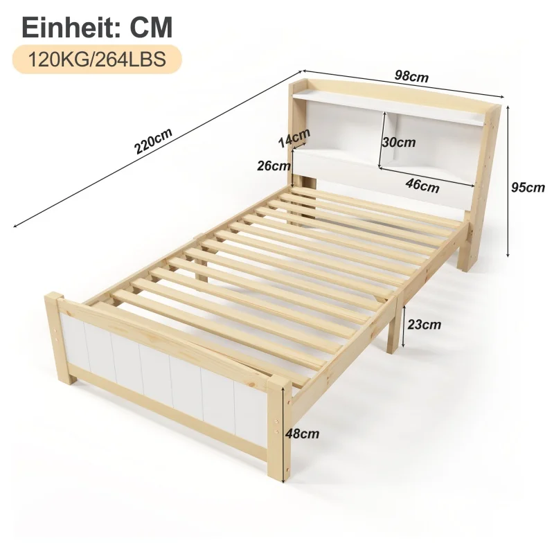 Single bed 90x200 cm Bed Frame Wooden bed with headboard Children's bed Pine solid Natural White (Without mattress and drawers