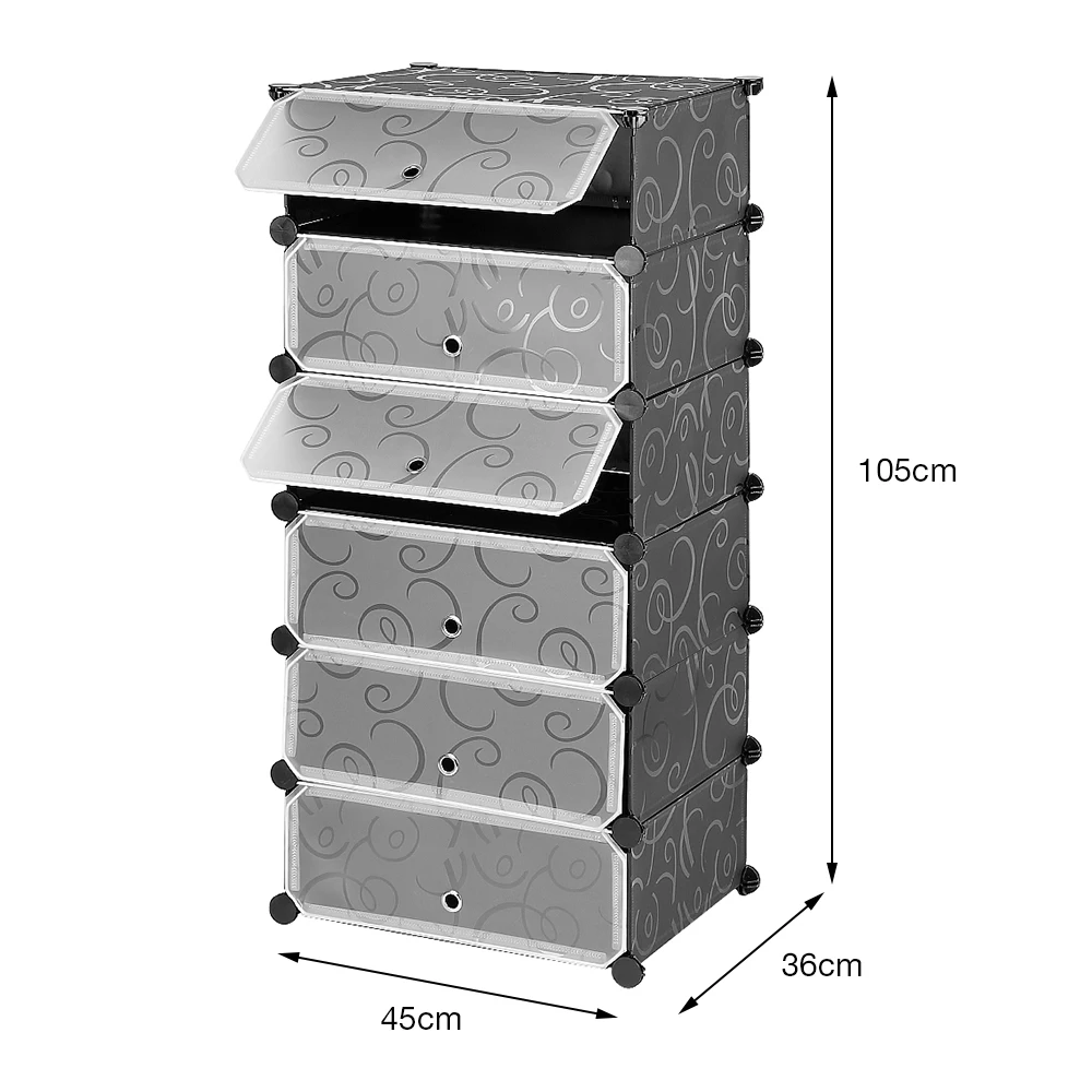 Shoe Rack, Plastic Shoe Cabinet, Storage With Door, Dust and Water Resistant, 6 Compartments for 12 Pairs of Shoes, Black