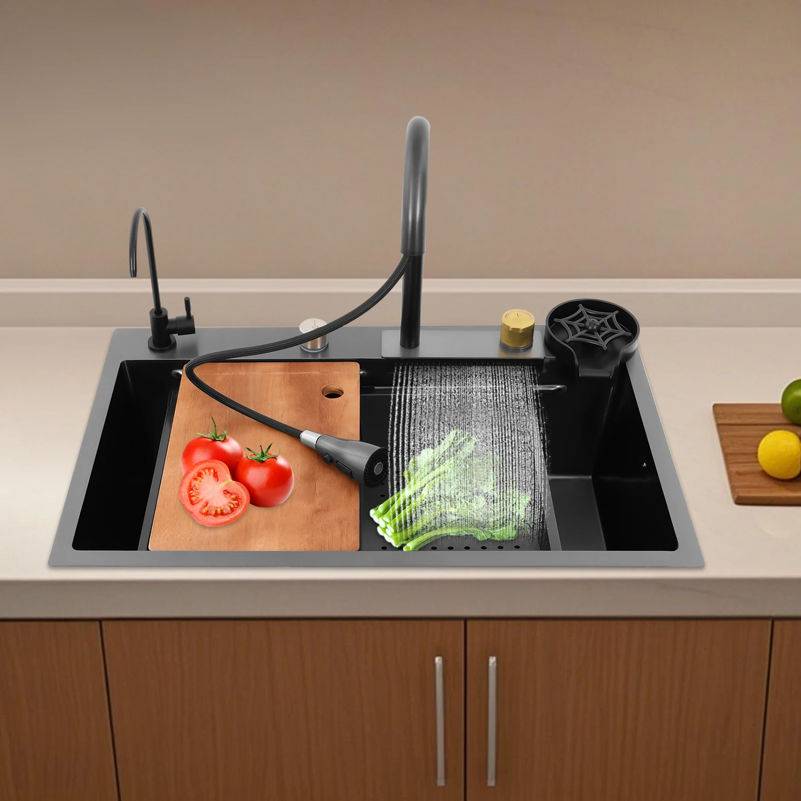 Stainless Steel Kitchen Sink Gun-grey Rectangular Household Sink Set with Drainage Basket 2 Faucets Cutting Board Cup Washer