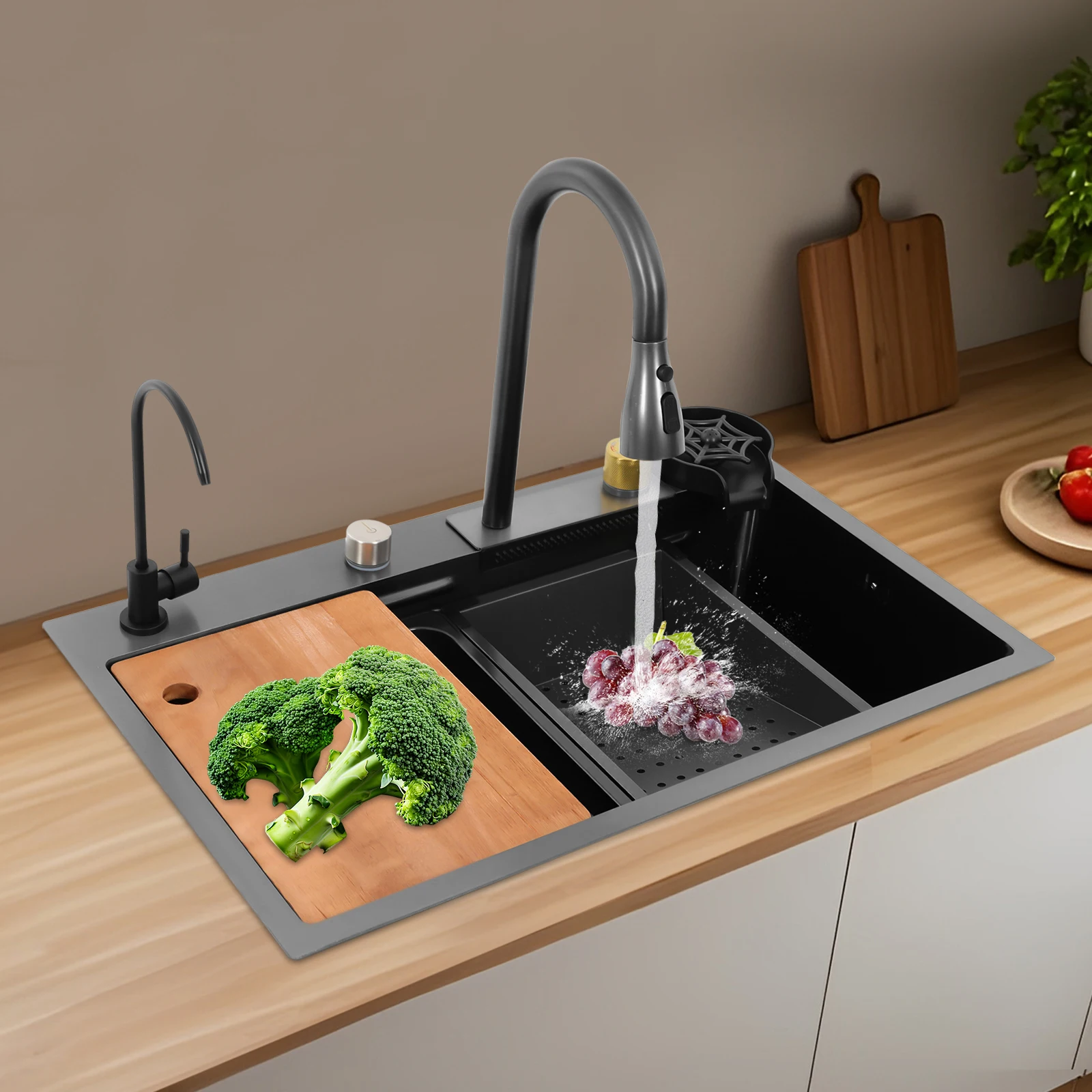 Stainless Steel Kitchen Sink Gun-grey Rectangular Household Sink Set with Drainage Basket 2 Faucets Cutting Board Cup Washer