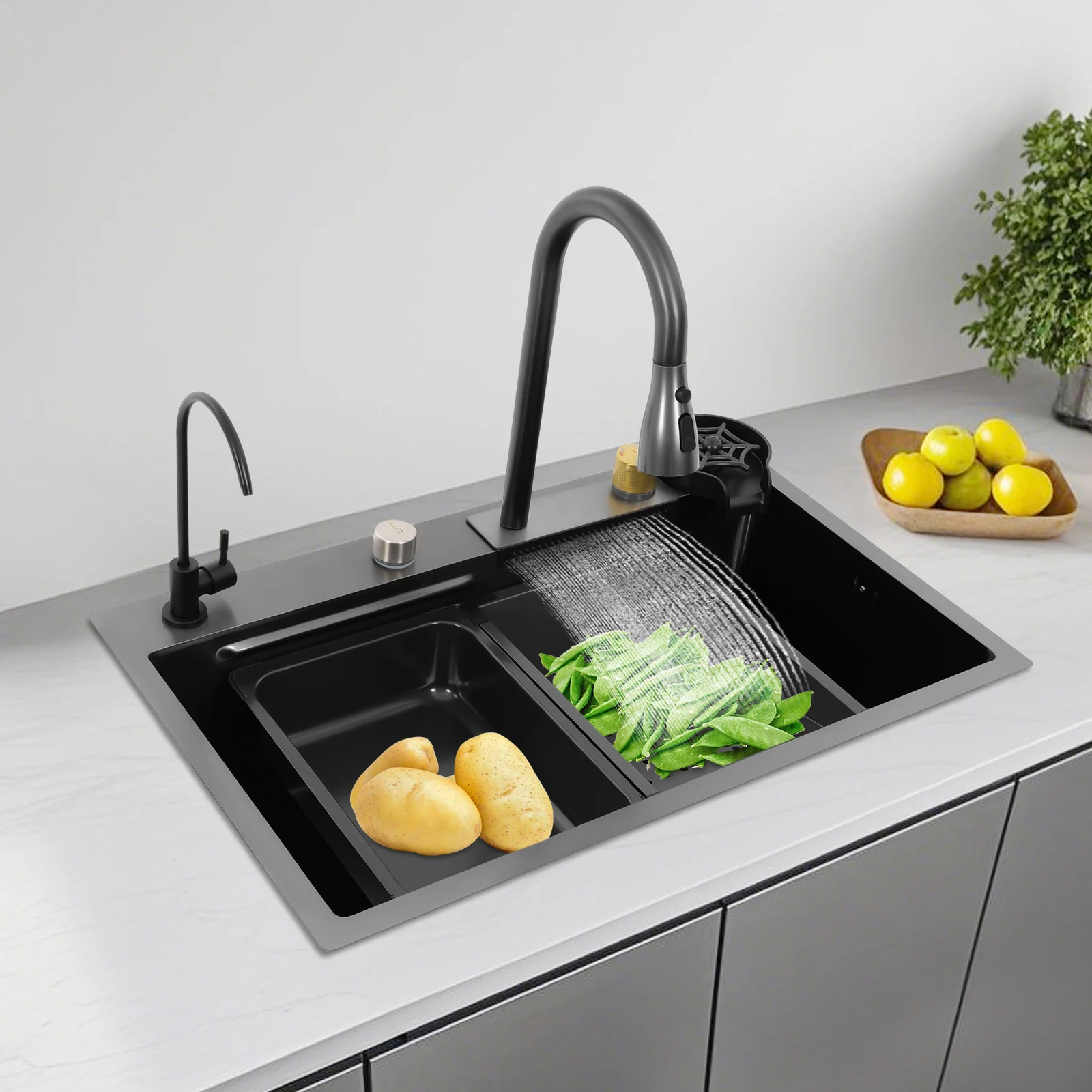 Stainless Steel Kitchen Sink Gun-grey Rectangular Household Sink Set with Drainage Basket 2 Faucets Cutting Board Cup Washer