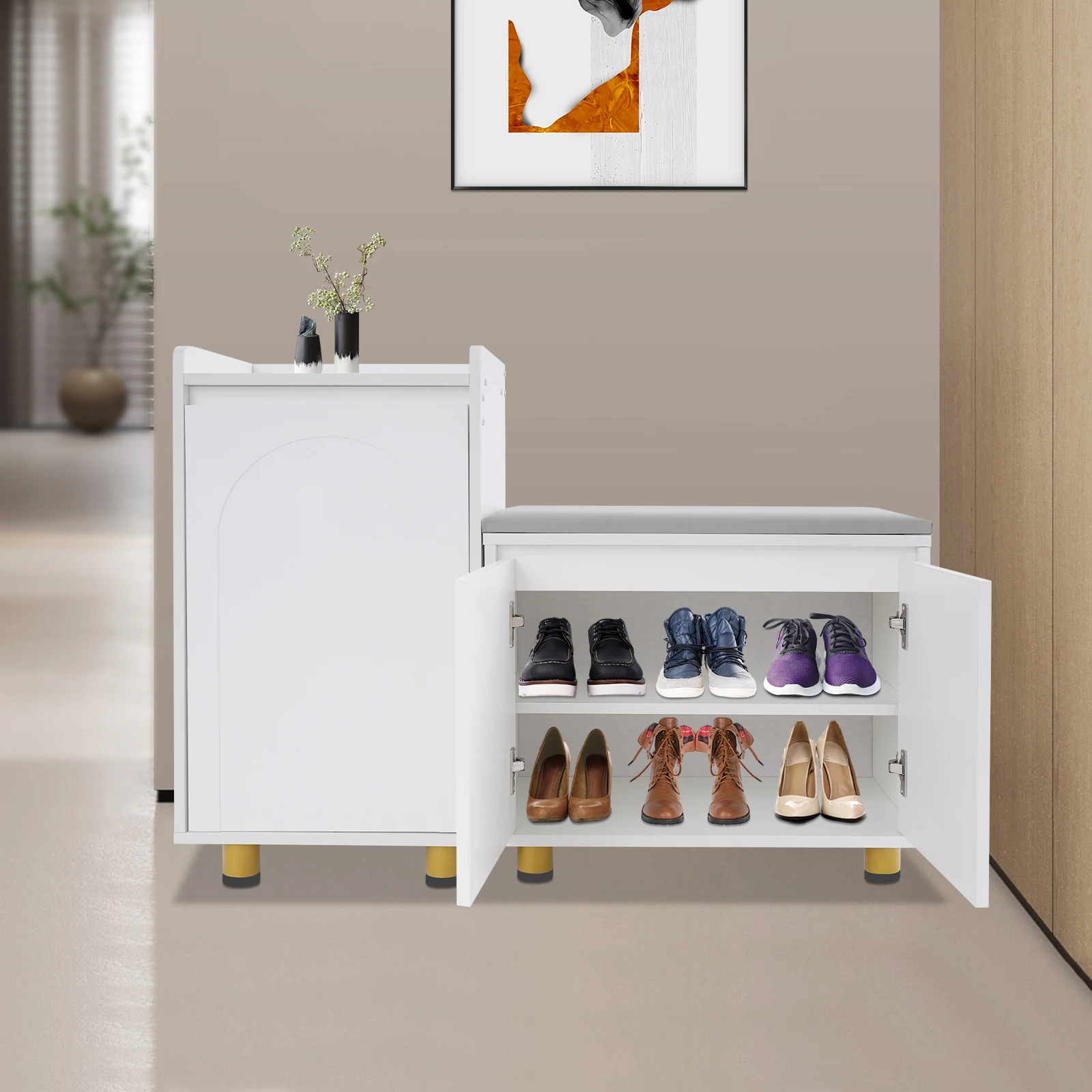 Modern White Shoe Cabinet Set, Floor Standing Storage with Seat & Raised Guardrails, 275lbs Capacity