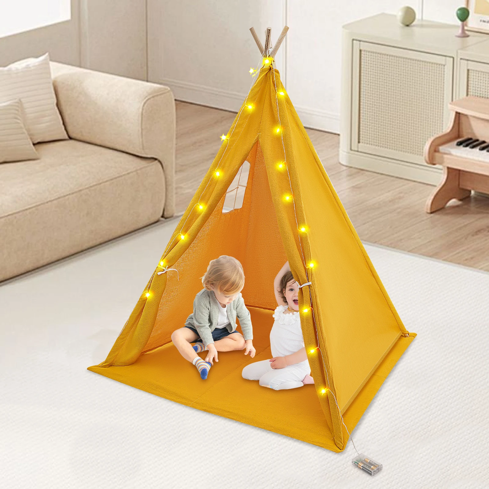 Teepee Tent for Kids – 100% Cotton and Linen Play Tent with Padded Mat & Star Lights Foldable Indoor Play Tent for Girls & Boys