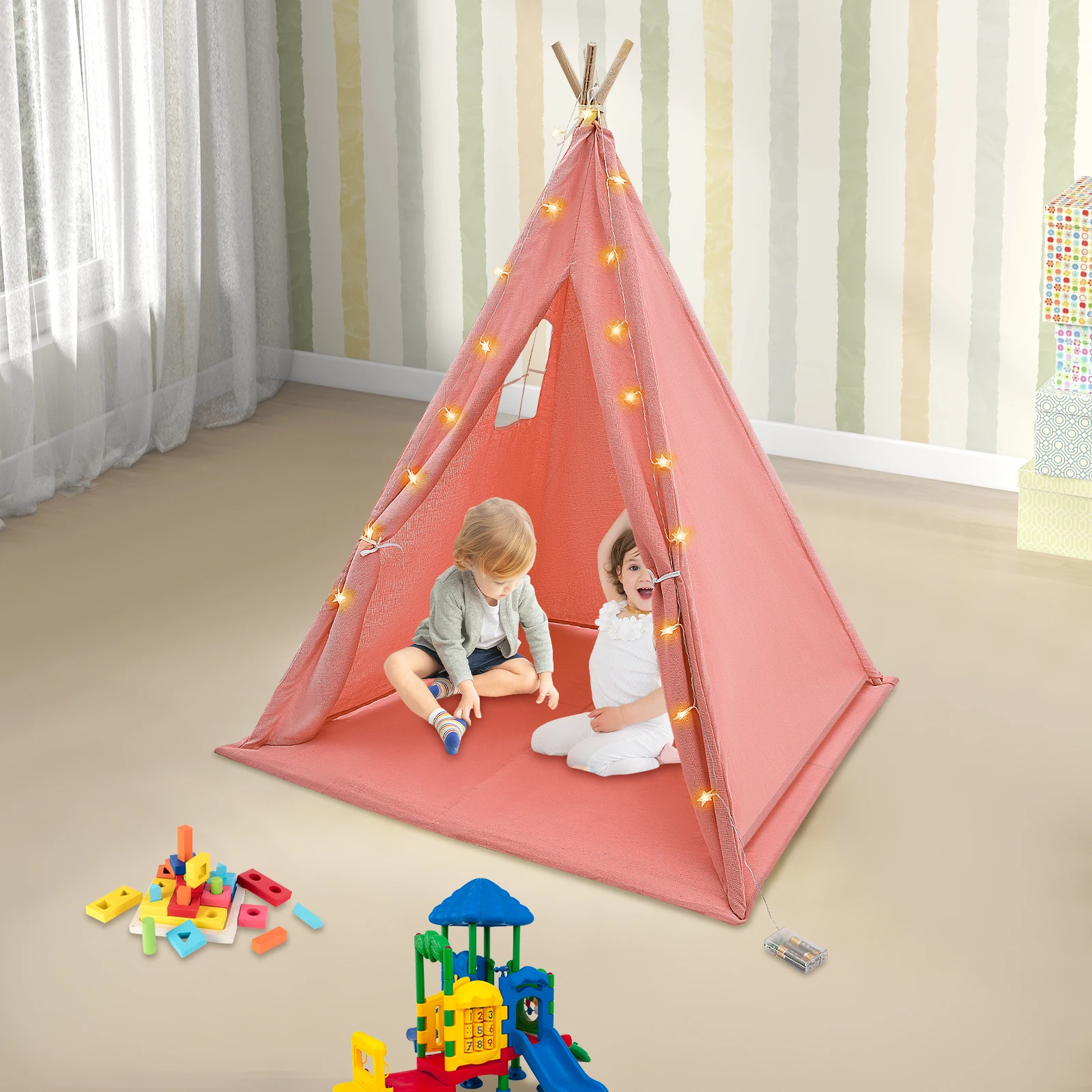 Teepee Tent for Kids – 100% Cotton and Linen Play Tent with Padded Mat & Star Lights Foldable Indoor Play Tent for Girls & Boys