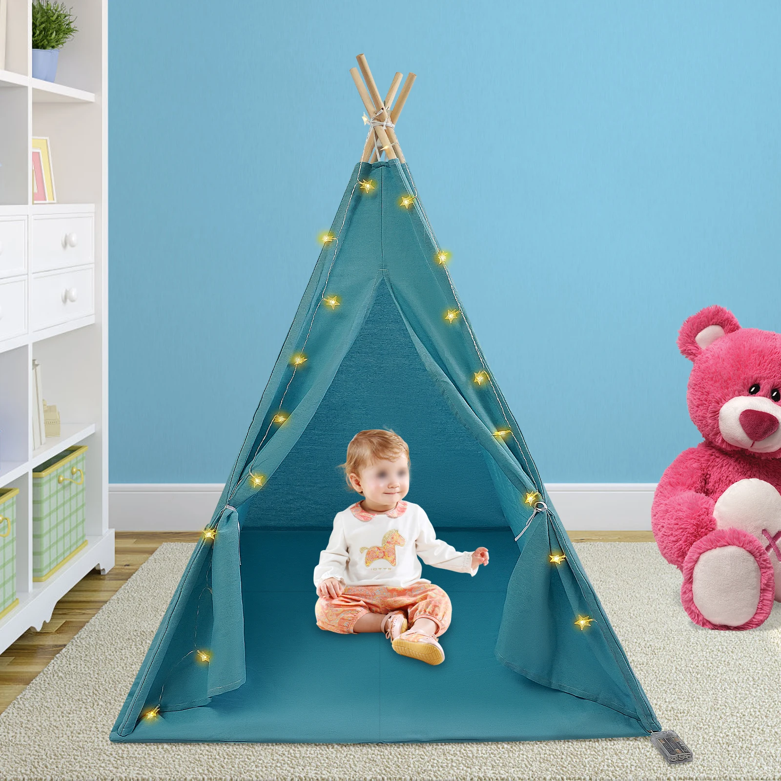 Teepee Tent for Kids – 100% Cotton and Linen Play Tent with Padded Mat & Star Lights Foldable Indoor Play Tent for Girls & Boys